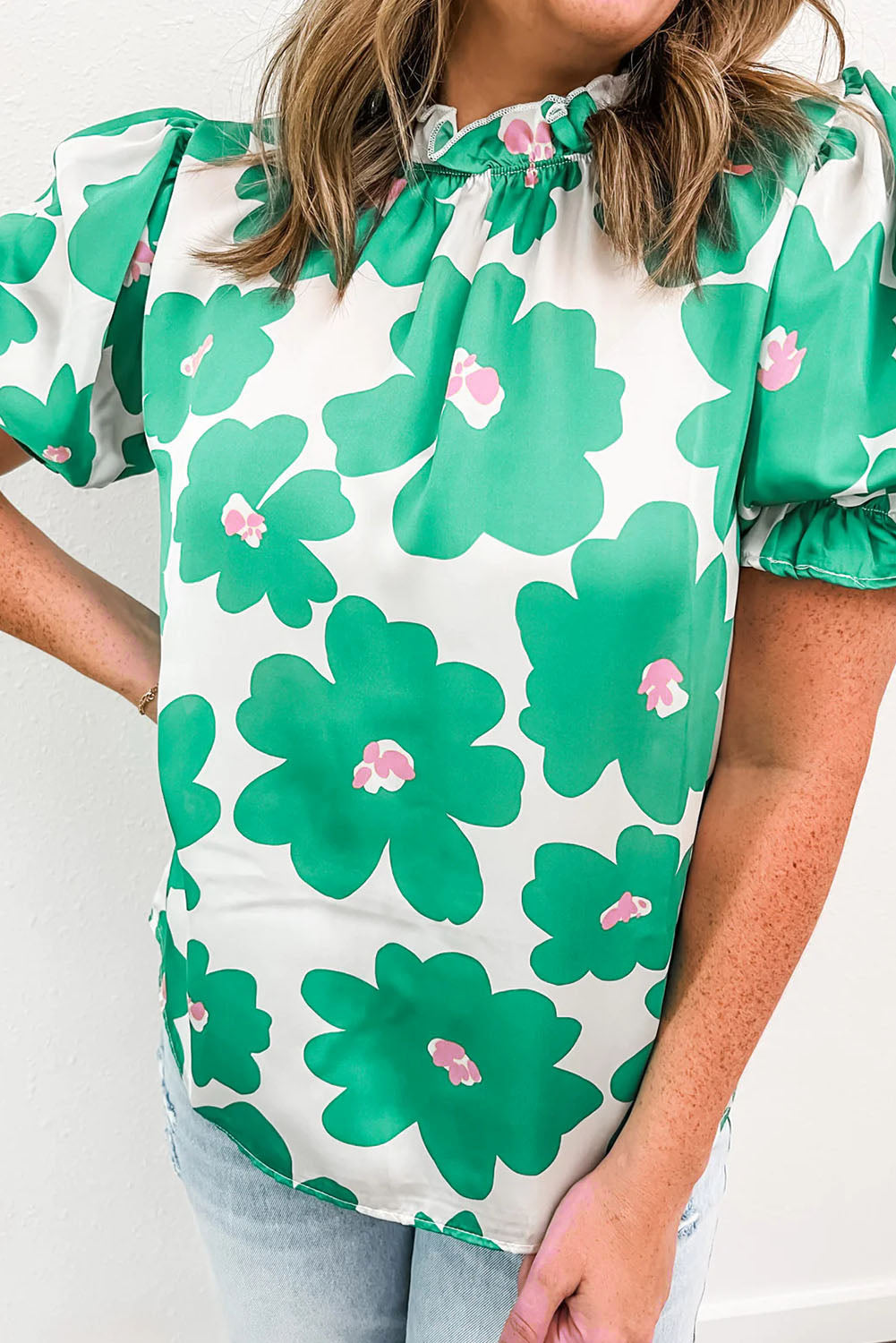 Green Floral Puff Sleeve Frill Neckline Blouse-Tops/Blouses & Shirts-[Adult]-[Female]-2022 Online Blue Zone Planet