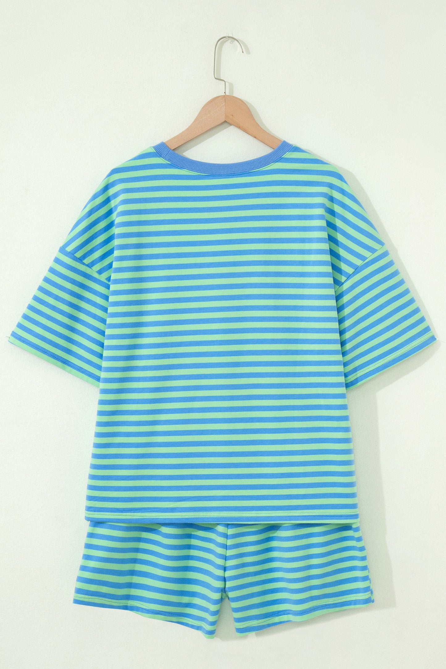 Green Stripe Striped Ribbed Cotton Two-Piece Pant Set with Chest Patch Detail-Two Piece Sets/Short Sets-[Adult]-[Female]-2022 Online Blue Zone Planet