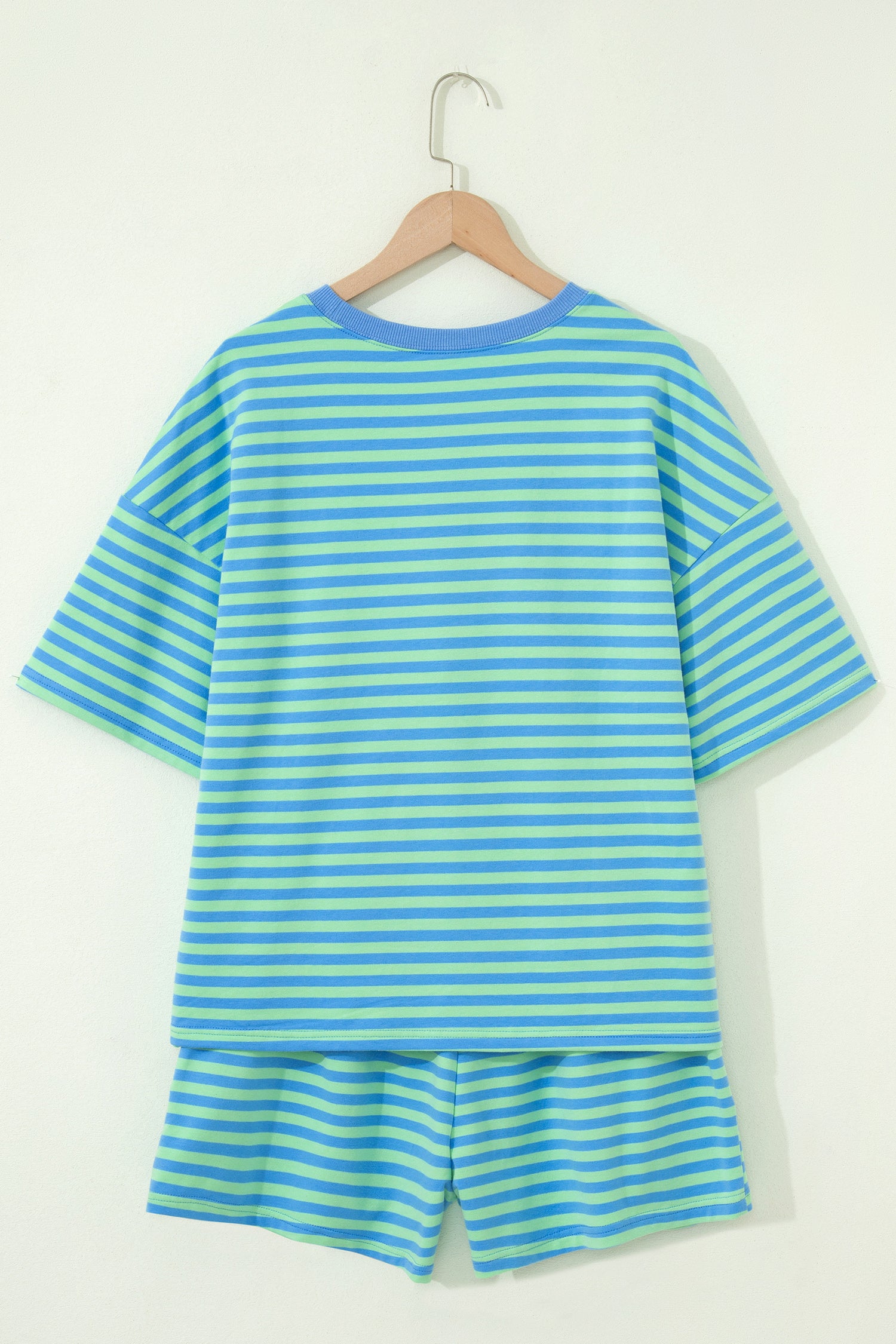 Green Stripe Striped Ribbed Cotton Two-Piece Pant Set with Chest Patch Detail-Two Piece Sets/Short Sets-[Adult]-[Female]-2022 Online Blue Zone Planet
