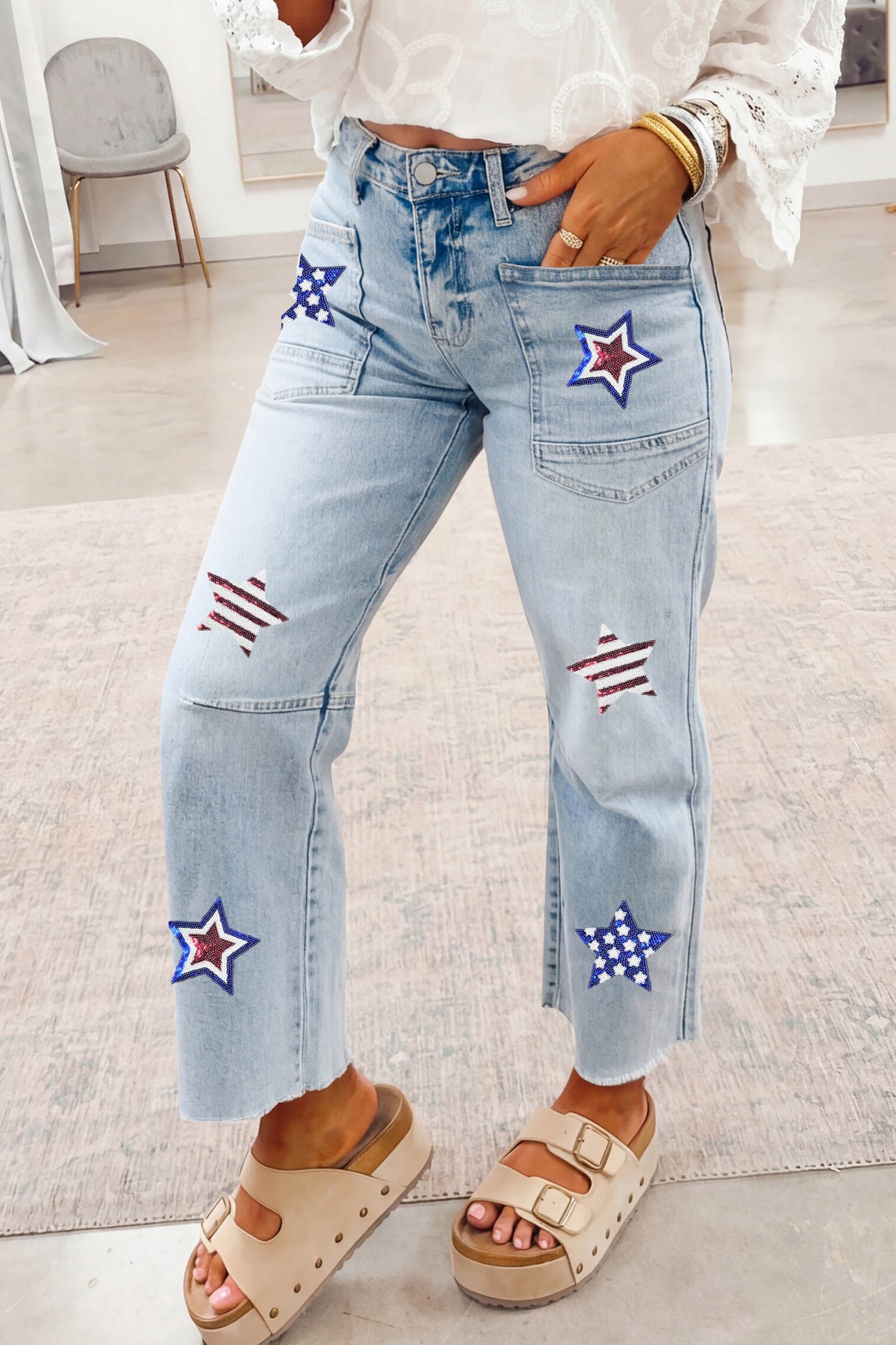 Beau Blue Patriotic Sequin Star Pattern Jeans-Graphic/Graphic Pants-[Adult]-[Female]-2022 Online Blue Zone Planet