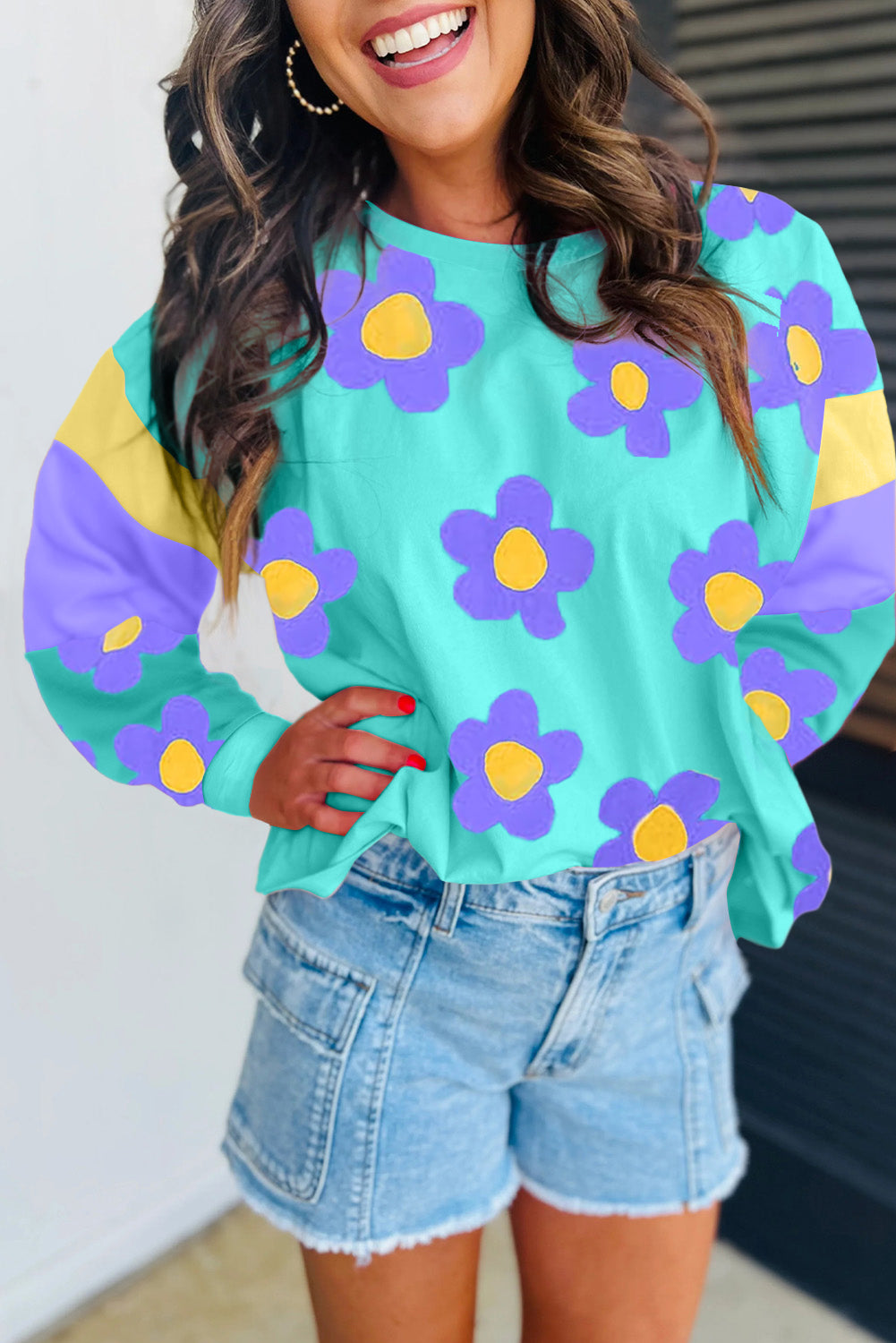 Sky Blue Floral Color Block Long Sleeve Loose Top-Tops/Long Sleeve Tops-[Adult]-[Female]-Sky Blue-S-2022 Online Blue Zone Planet