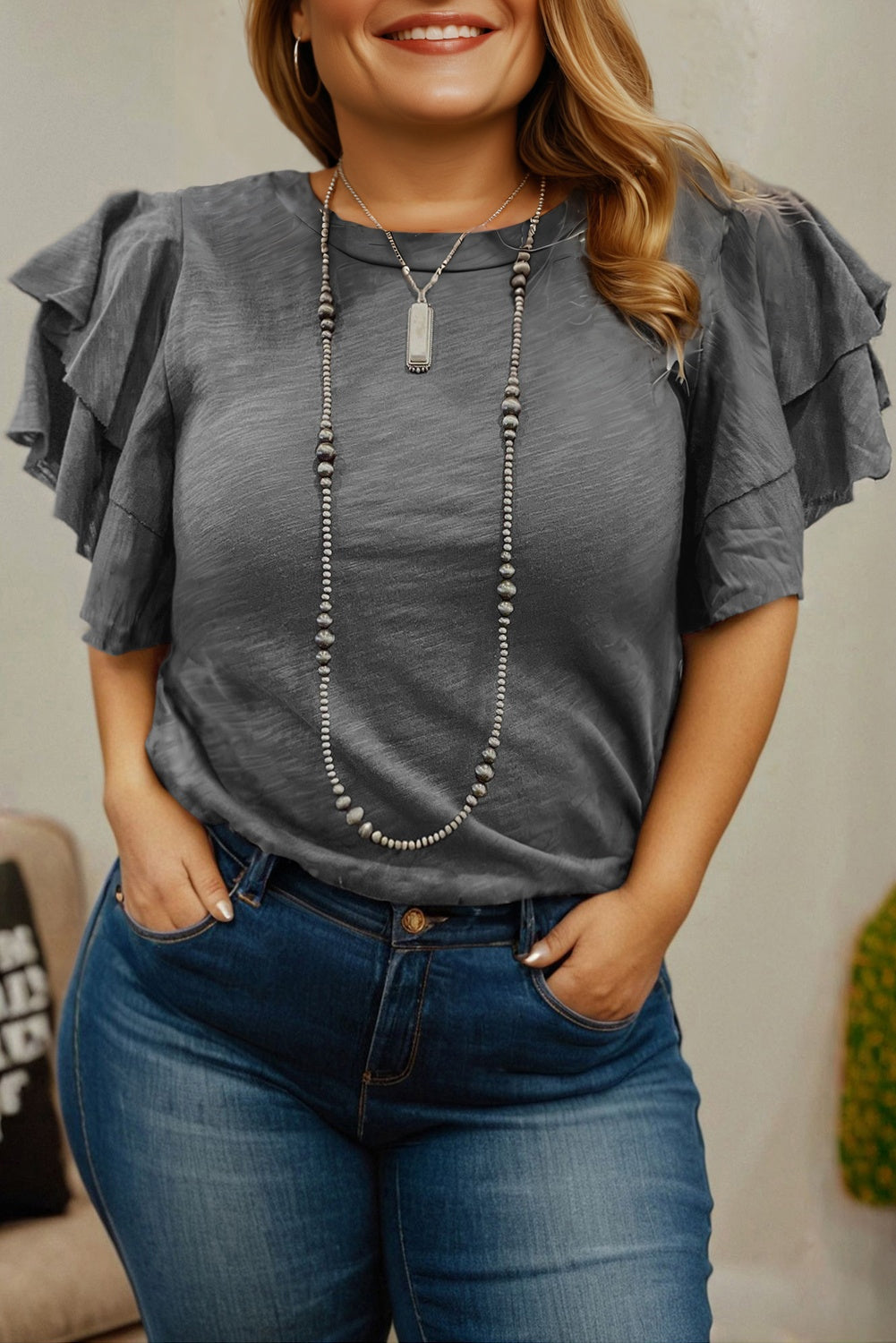 Dark Grey Double Ruffled Short Sleeve Plus Size Top-Plus Size/Plus Size Tops/Plus Size Tops & Tees-[Adult]-[Female]-2022 Online Blue Zone Planet