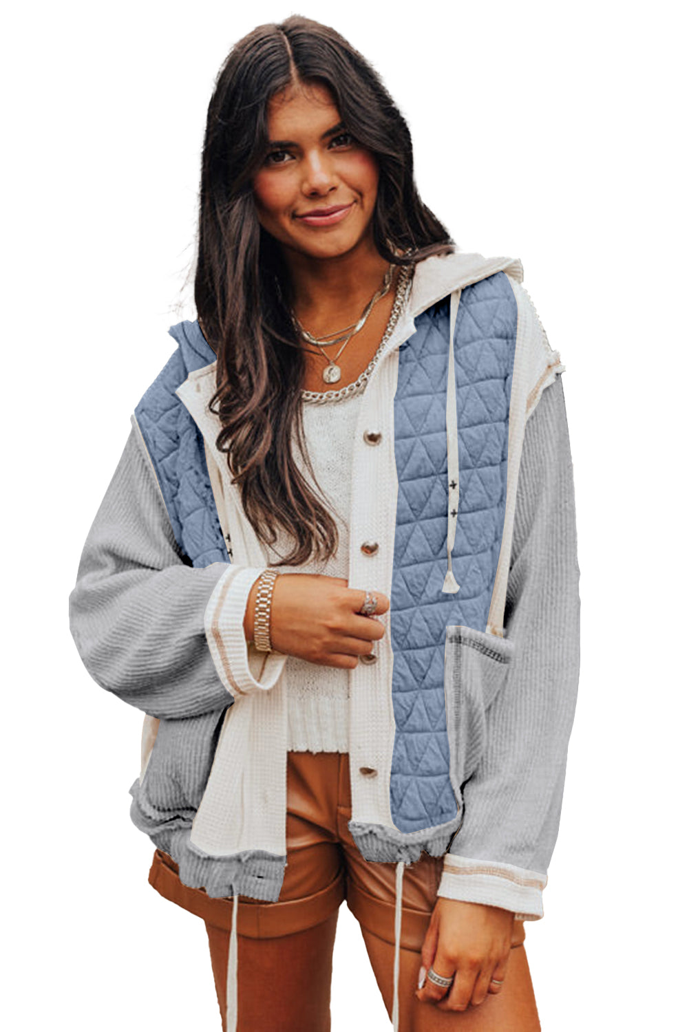 Blue Zone Planet | Jungle Green Quilted Textured Patchwork Hooded Jacket-Jackets-[Adult]-[Female]-2022 Online Blue Zone Planet