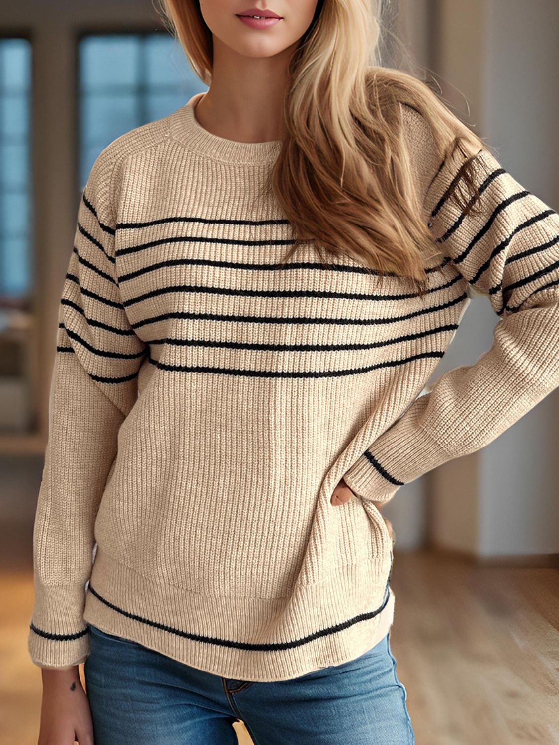 Striped Round Neck Long Sleeve Sweater-TOPS / DRESSES-[Adult]-[Female]-2022 Online Blue Zone Planet