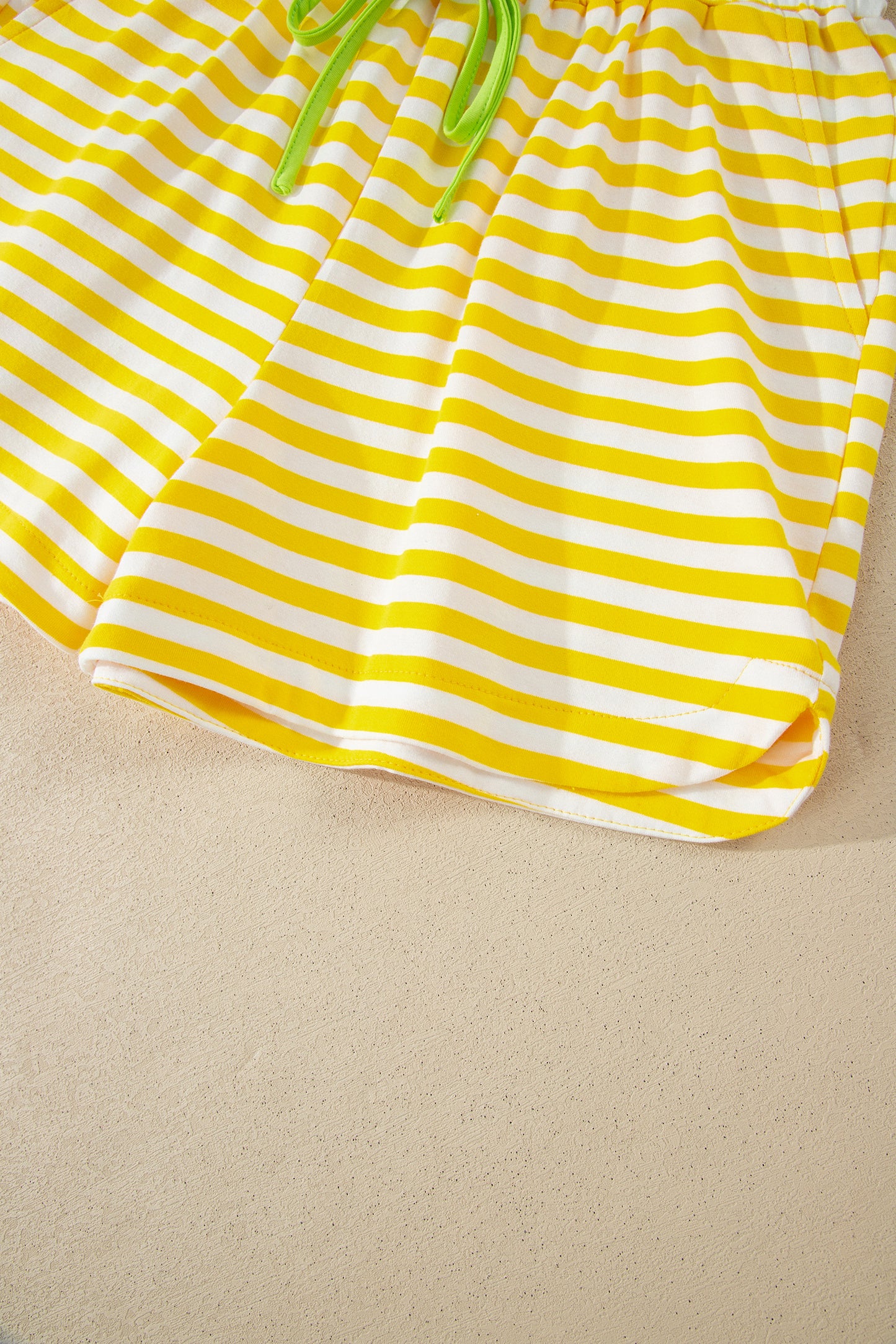 Yellow Stripe Contrast Neck Loose Tee and Drawstring Shorts Set-Two Piece Sets/Short Sets-[Adult]-[Female]-2022 Online Blue Zone Planet