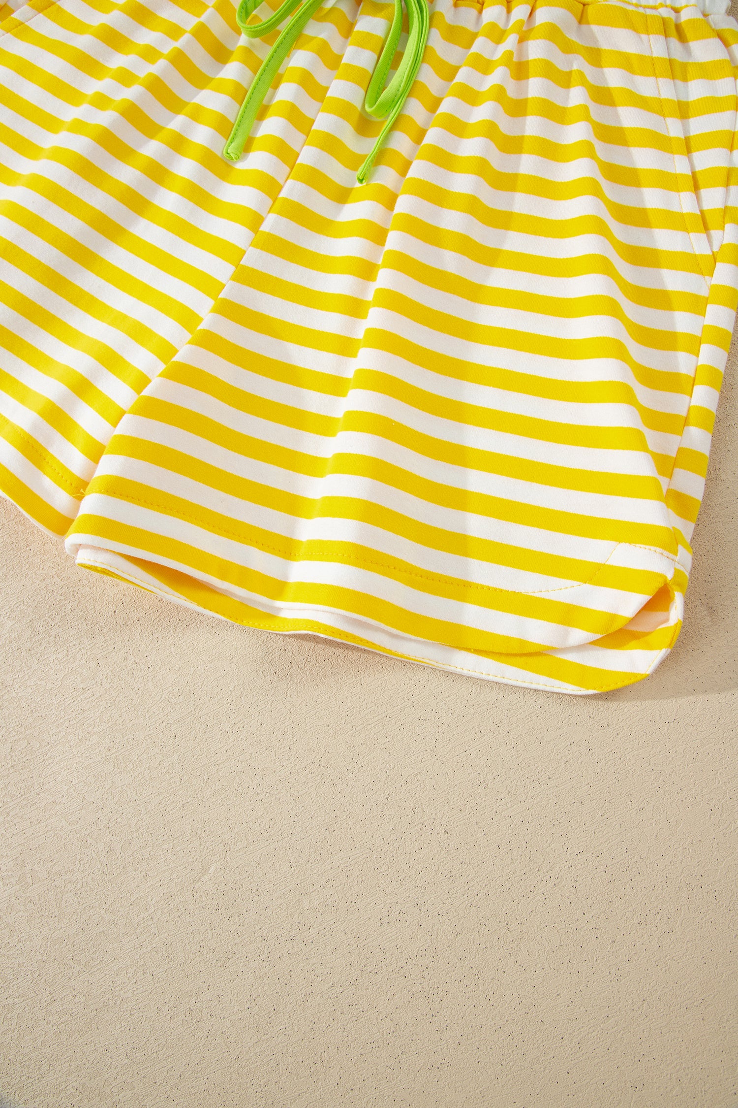 Yellow Stripe Contrast Neck Loose Tee and Drawstring Shorts Set-Two Piece Sets/Short Sets-[Adult]-[Female]-2022 Online Blue Zone Planet