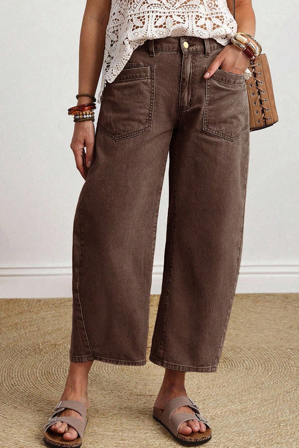 Coffee Solid Color Square Patch Pocket Ankle-length Barrel Jeans-Bottoms/Jeans-[Adult]-[Female]-2022 Online Blue Zone Planet