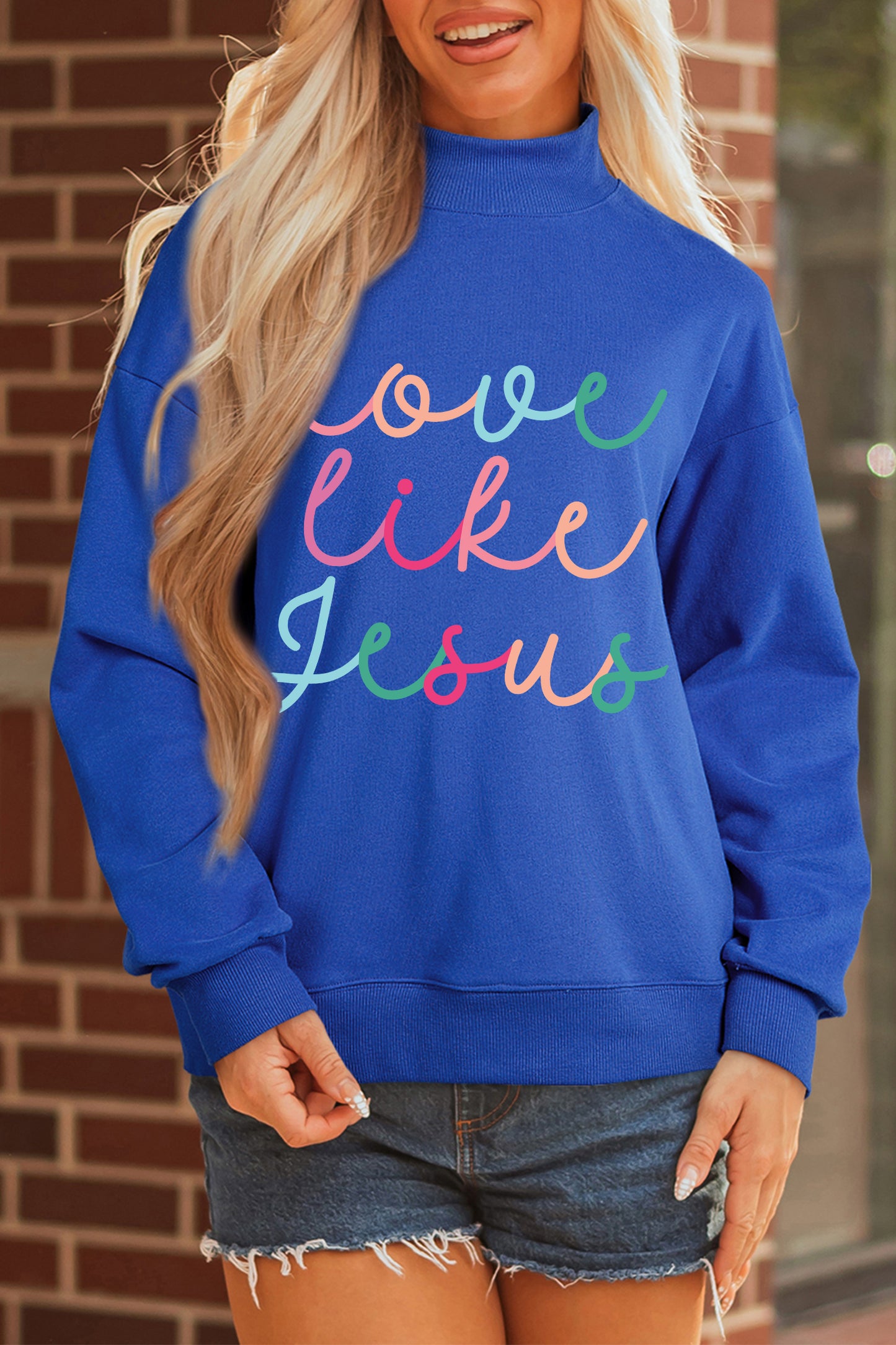 Dark Blue Love Like Jesus Mock Neck Sweatshirt-Graphic/Graphic Sweatshirts-[Adult]-[Female]-2022 Online Blue Zone Planet