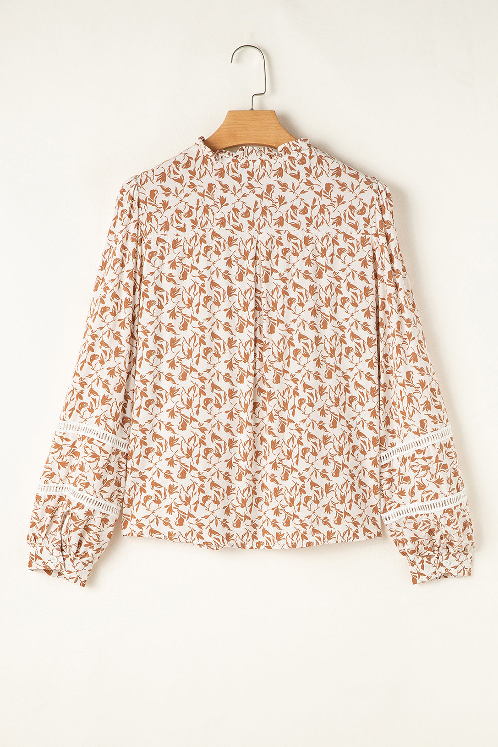 Khaki Printed Lace Detail Floral Puff Sleeve Fall Shirt-Tops/Blouses & Shirts-[Adult]-[Female]-2022 Online Blue Zone Planet