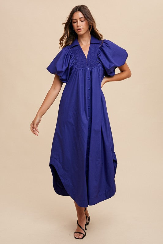 Annie Wear Smocked Puff Sleeve Midi Dress-TOPS / DRESSES-[Adult]-[Female]-Navy-S-2022 Online Blue Zone Planet