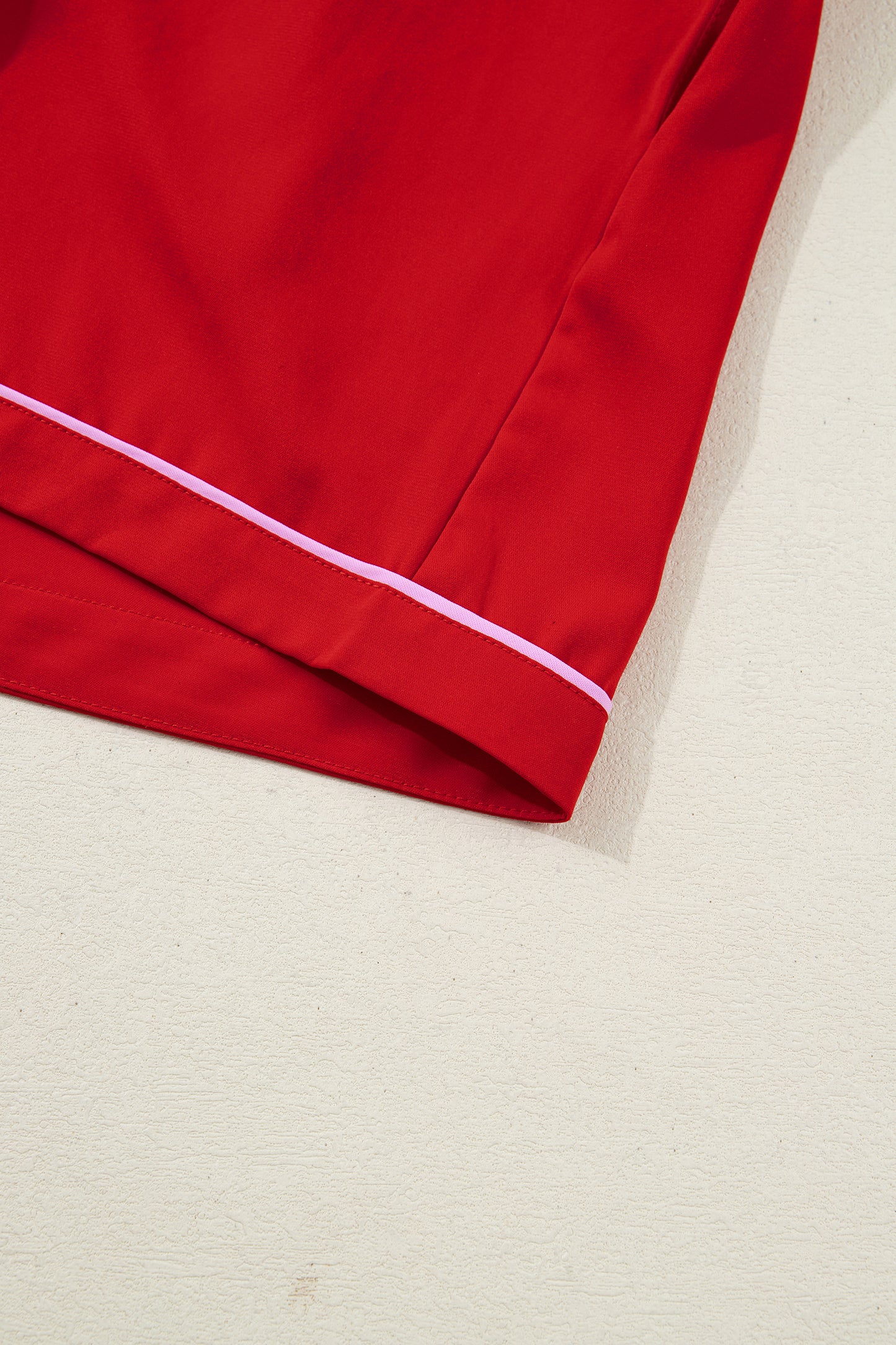 Fiery Red Contrast Trim Ribbon Bow Short Silky 2pcs Pajama Set-Loungewear & Sleepwear/Sleepwear-[Adult]-[Female]-2022 Online Blue Zone Planet