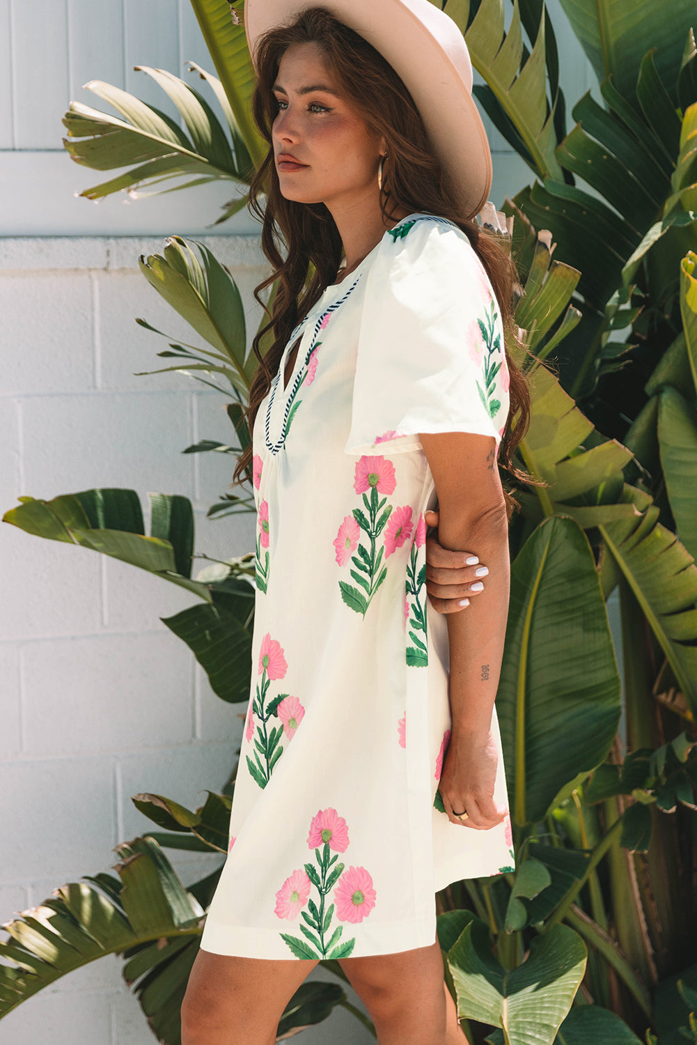 Apricot Floral Short Sleeve Split Neck Loose Mini Dress-TOPS / DRESSES-[Adult]-[Female]-2022 Online Blue Zone Planet