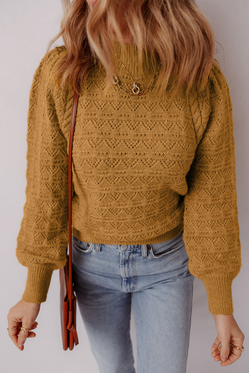 Jurassic Gold Hollow Out Crochet Ribbed Edge Balloon Sleeve Sweater-TOPS / DRESSES-[Adult]-[Female]-2022 Online Blue Zone Planet