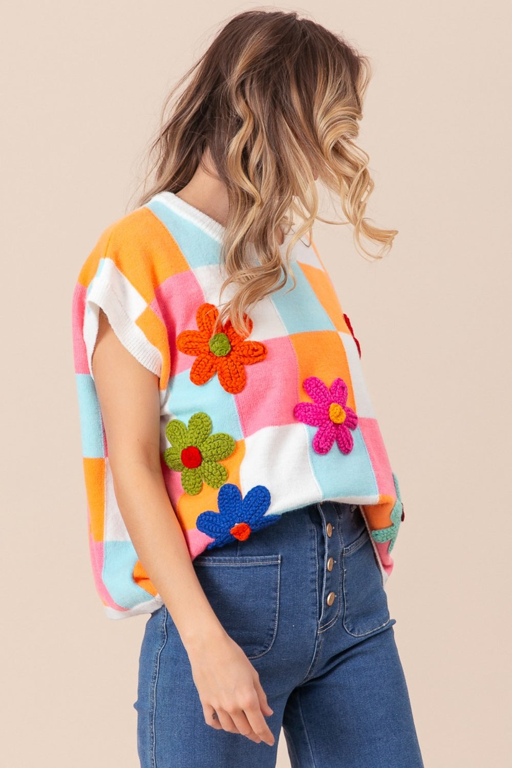 BiBi Flower Patch Checkered Sweater Vest-TOPS / DRESSES-[Adult]-[Female]-2022 Online Blue Zone Planet