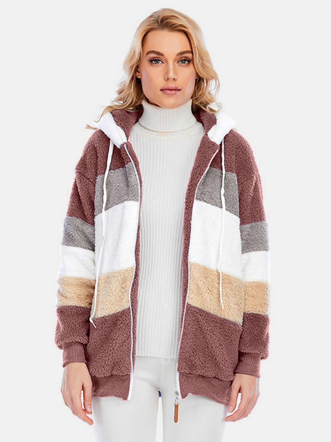 Blue Zone Planet | Full Size Drawstring Color Block Zip Up Hooded Outerwear-TOPS / DRESSES-[Adult]-[Female]-Dusty Pink-S-2022 Online Blue Zone Planet