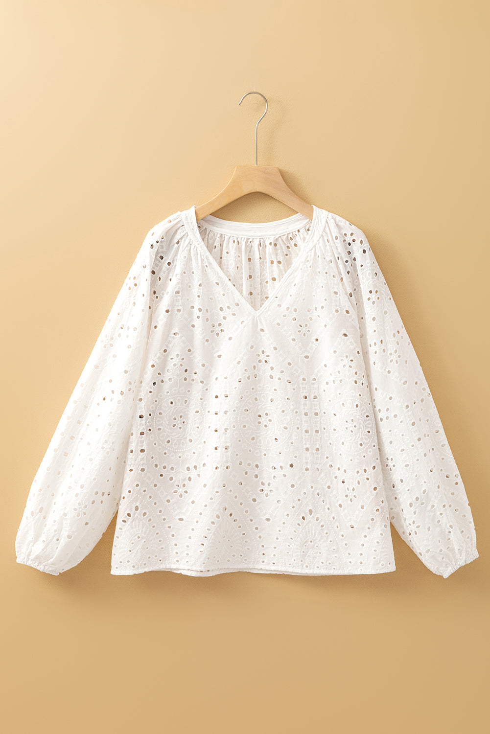 White Eyelet Embroidered Puff Sleeve V Neck Blouse-Blouses-[Adult]-[Female]-2022 Online Blue Zone Planet