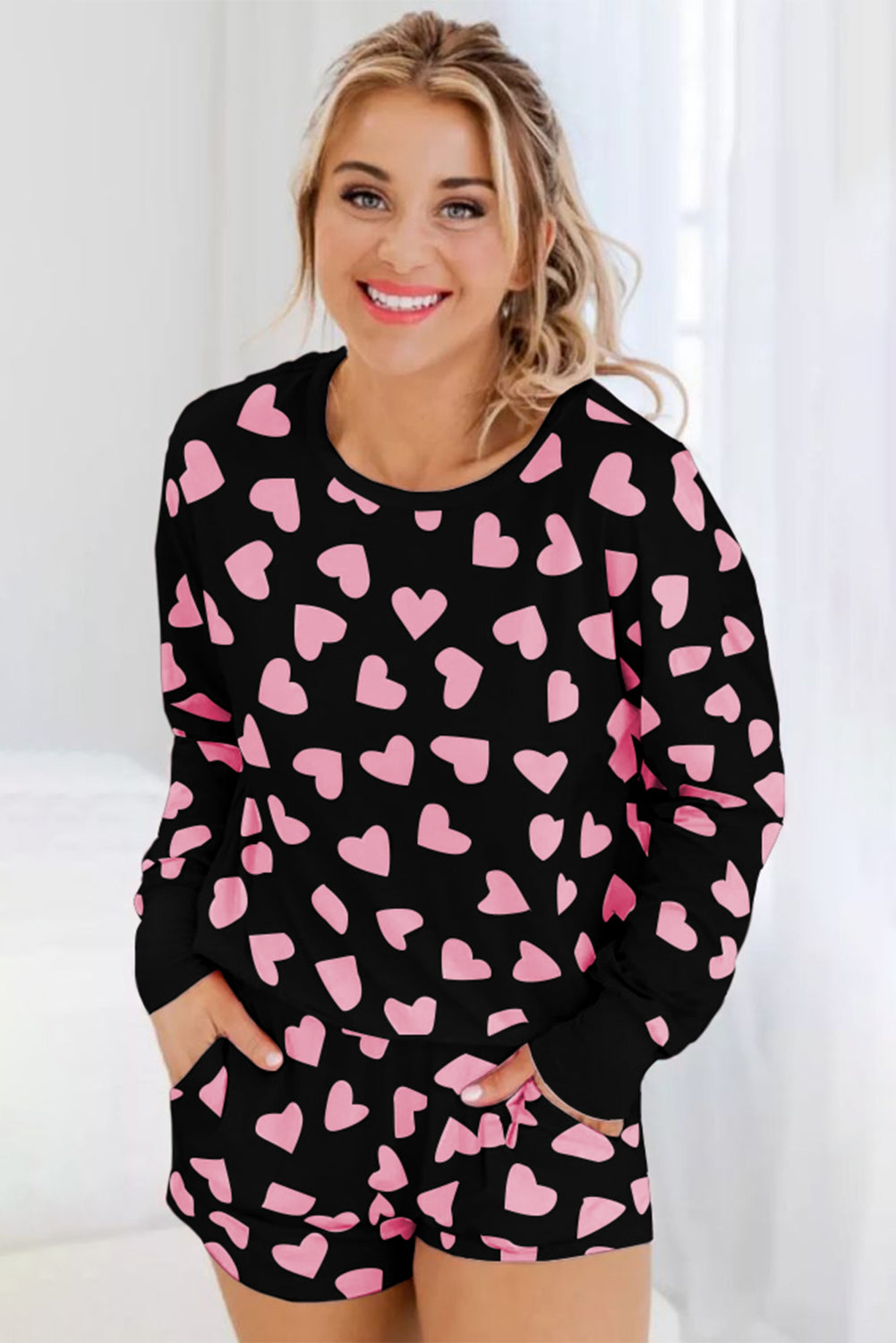 Black Valentine Heart Shape Print Long Sleeve Top Shorts Lounge Set-Sale (50% OFF)/30% OFF-[Adult]-[Female]-2022 Online Blue Zone Planet