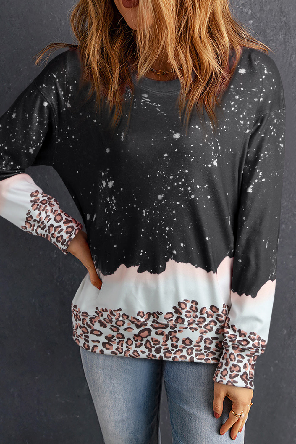 Fiery Red Leopard Bleached Pullover Sweatshirt-Tops/Sweatshirts & Hoodies-[Adult]-[Female]-Black-S-2022 Online Blue Zone Planet