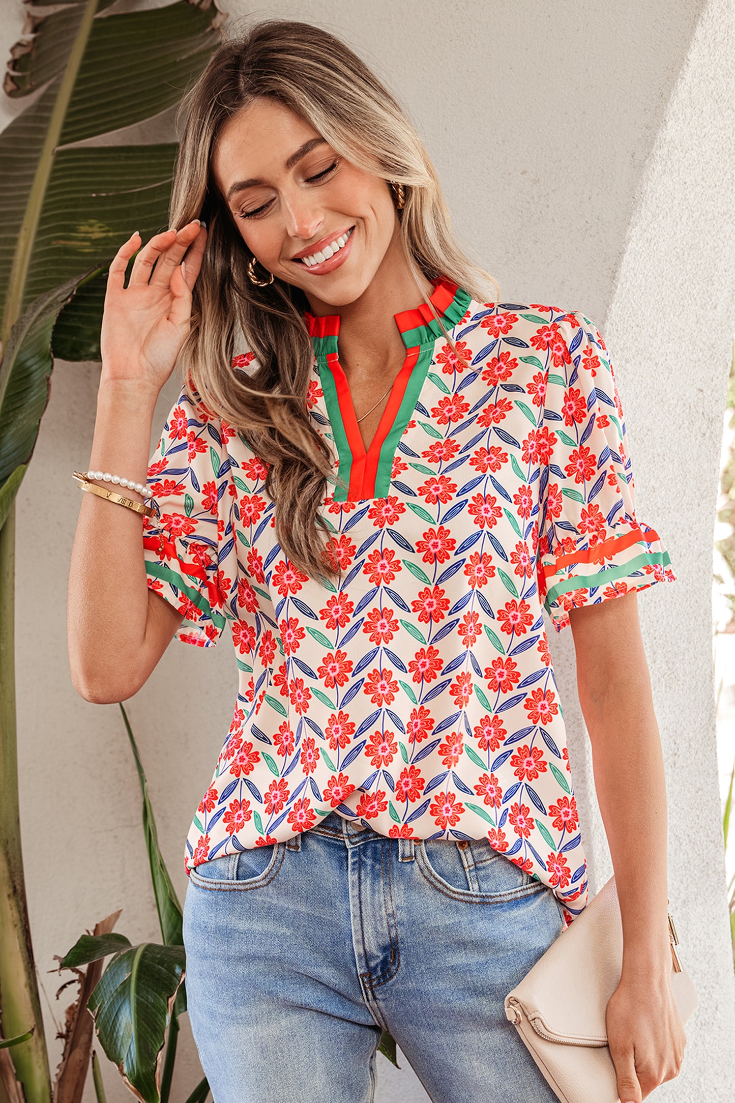 Red Floral Print Striped Detail V Neck Ruffled Short Sleeve Blouse-Tops/Blouses & Shirts-[Adult]-[Female]-2022 Online Blue Zone Planet