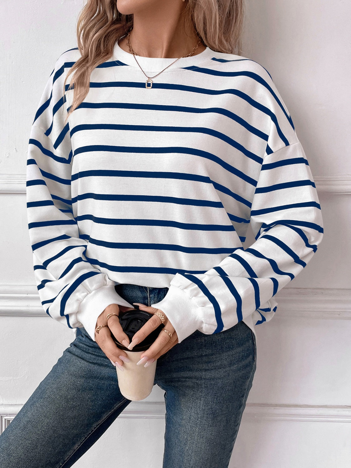 Blue Zone Planet | Lovelet Striped Round Neck Long Sleeve Sweatshirt-TOPS / DRESSES-[Adult]-[Female]-2022 Online Blue Zone Planet