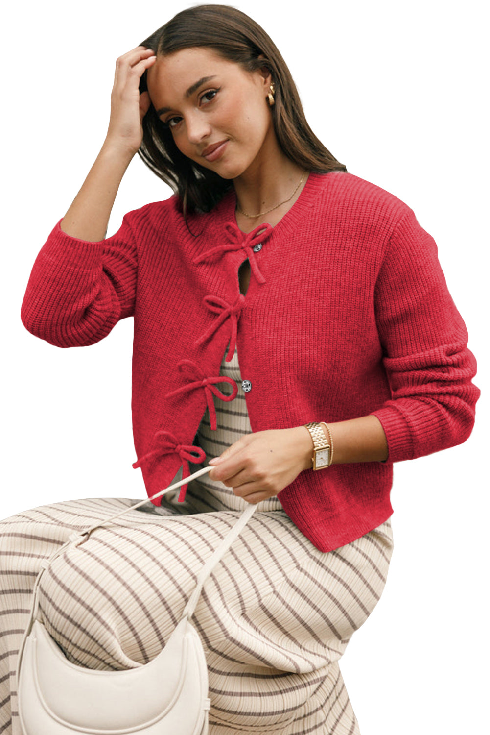 Fiery Red Sweet Bow Front Knit Cardigan-Cardigans-[Adult]-[Female]-2022 Online Blue Zone Planet