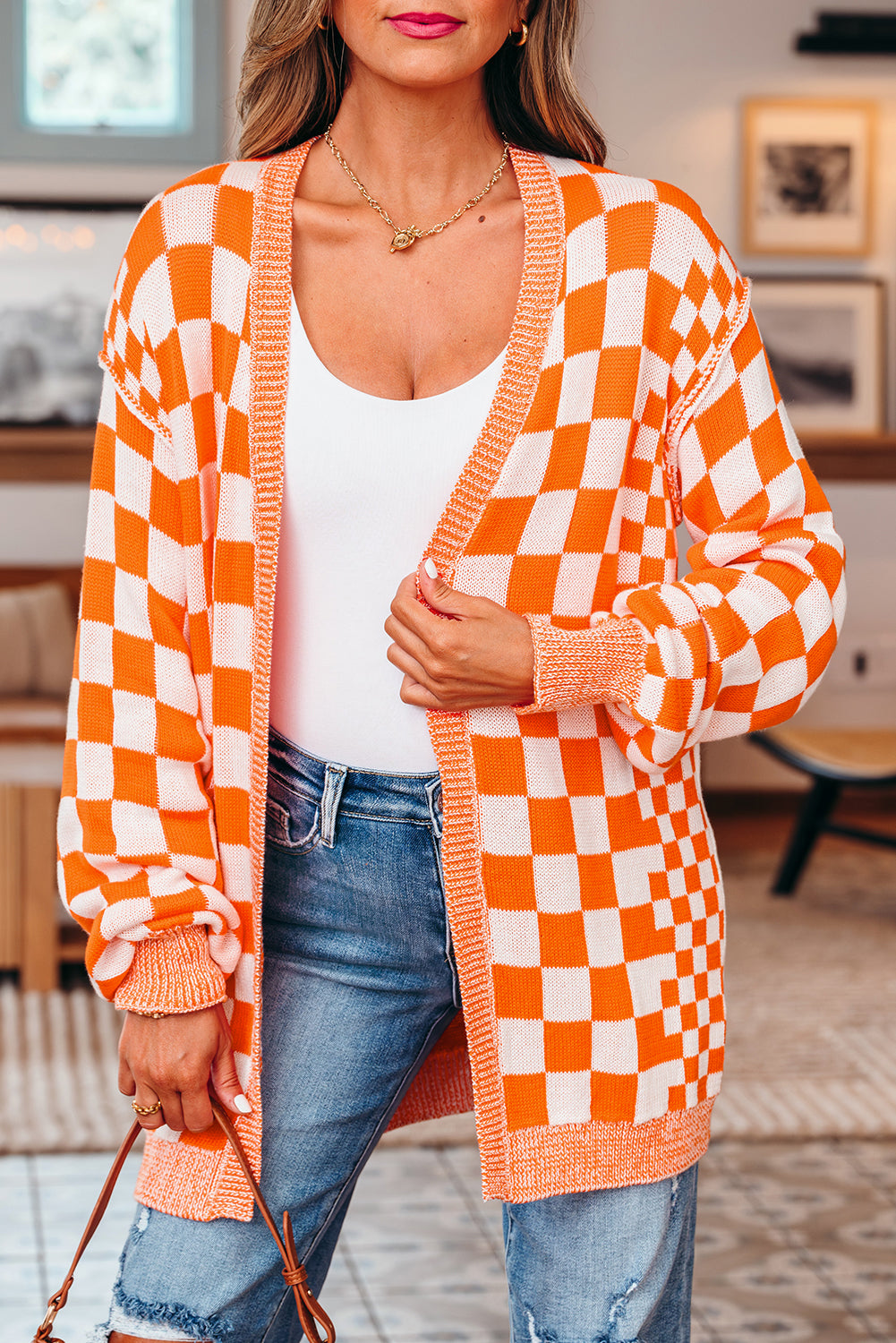 Orange Checkered Open Front Drop Shoulder Cardigan-Sweaters & Cardigans/Cardigans-[Adult]-[Female]-2022 Online Blue Zone Planet