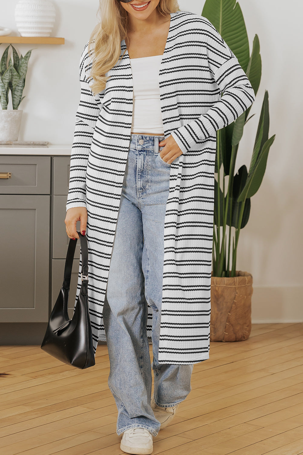 Blue Zone Planet | Black Stripe Print Open Front Duster Cardigan-Sweaters & Cardigans/Cardigans-[Adult]-[Female]-2022 Online Blue Zone Planet