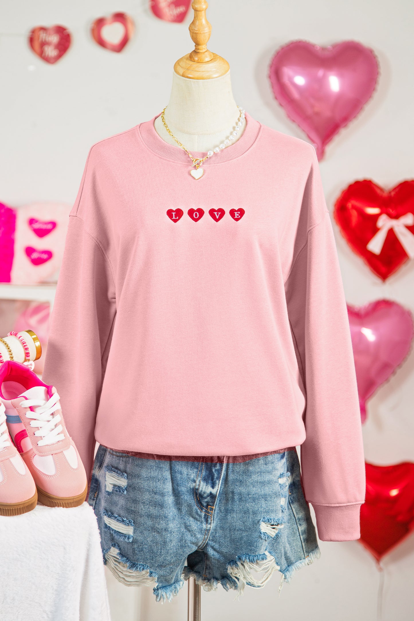 Pink LOVE In Hearts Embroidered Graphic Sweatshirt-Graphic Sweatshirts-[Adult]-[Female]-2022 Online Blue Zone Planet