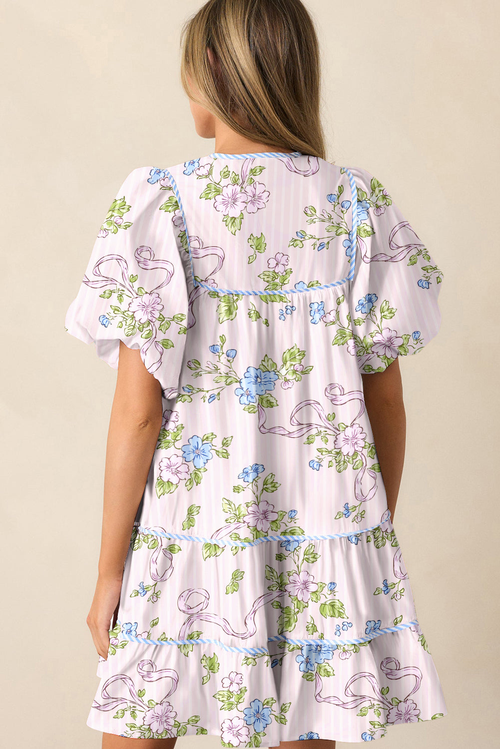 Pink Floral Striped Print Contrast Trim Tie Split Neck Mini Dress-TOPS / DRESSES-[Adult]-[Female]-2022 Online Blue Zone Planet