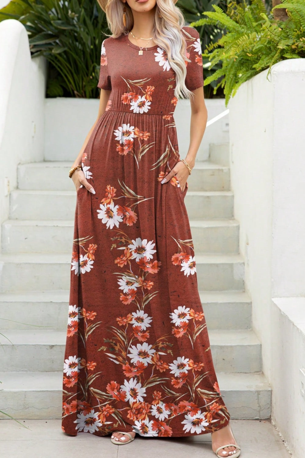 Printed Round Neck Short Sleeve Maxi Dress-TOPS / DRESSES-[Adult]-[Female]-2022 Online Blue Zone Planet