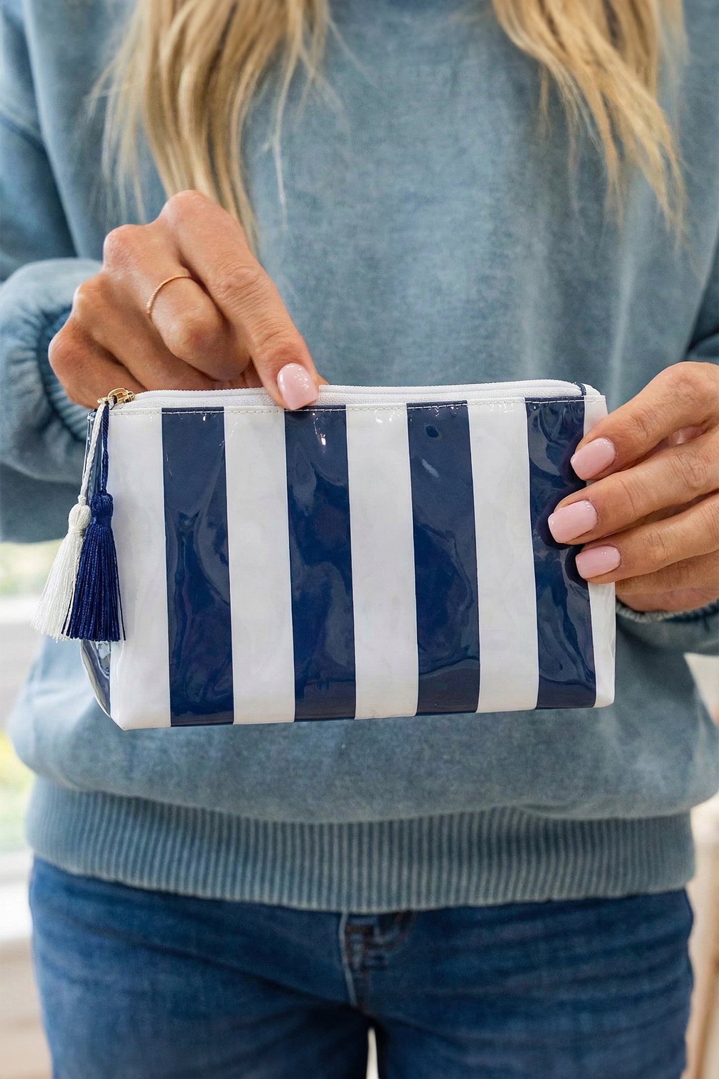 Carrot Striped Vinyl Waterproof Tassel Zipper Makeup Bag