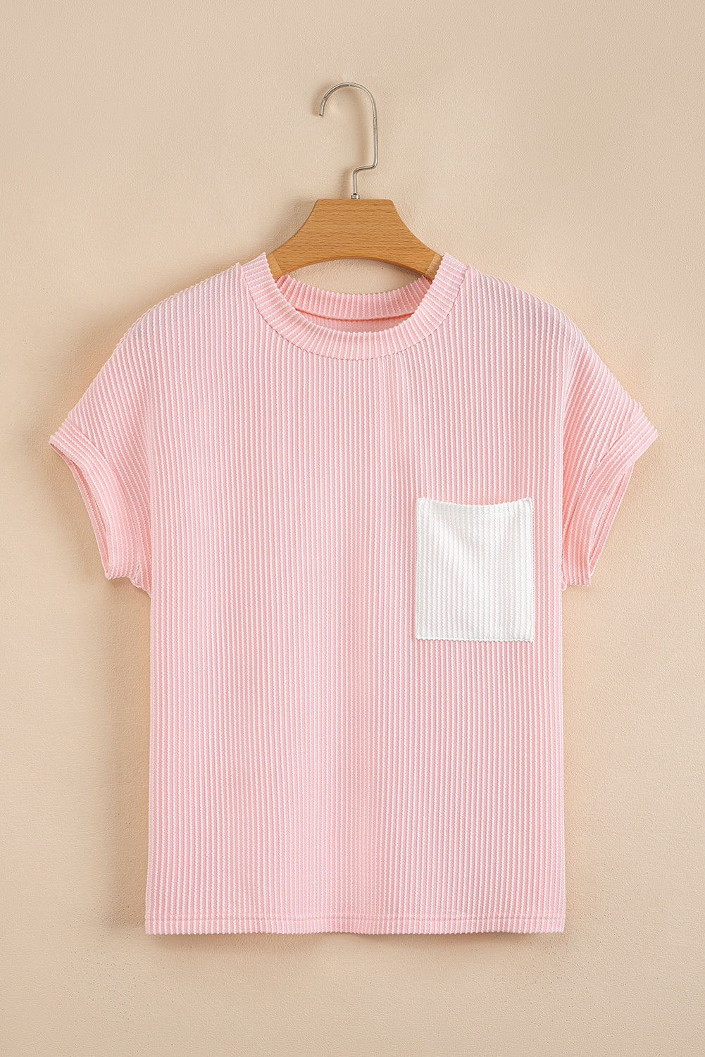Pink Corded Knit Color Block Pocketed Crew Neck T Shirt-Tops/Tops & Tees-[Adult]-[Female]-2022 Online Blue Zone Planet