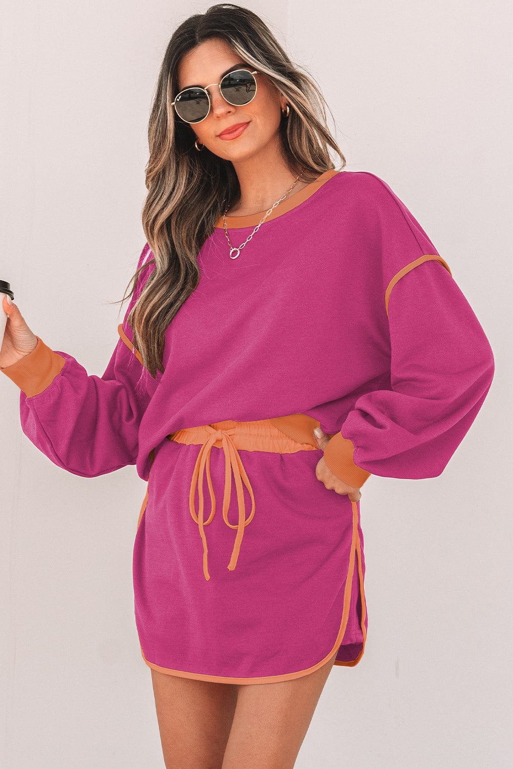 Blue Zone Planet | Rose Red Color Contrast Loose Pullover And Lace-Up Waist Skort Set-Two Piece Sets/Two Piece Dresses-[Adult]-[Female]-2022 Online Blue Zone Planet