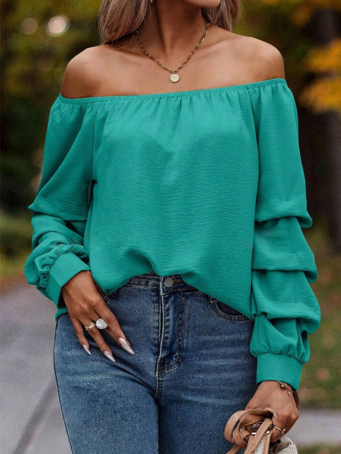 Ruched Off-Shoulder Long Sleeve Blouse-TOPS / DRESSES-[Adult]-[Female]-2022 Online Blue Zone Planet