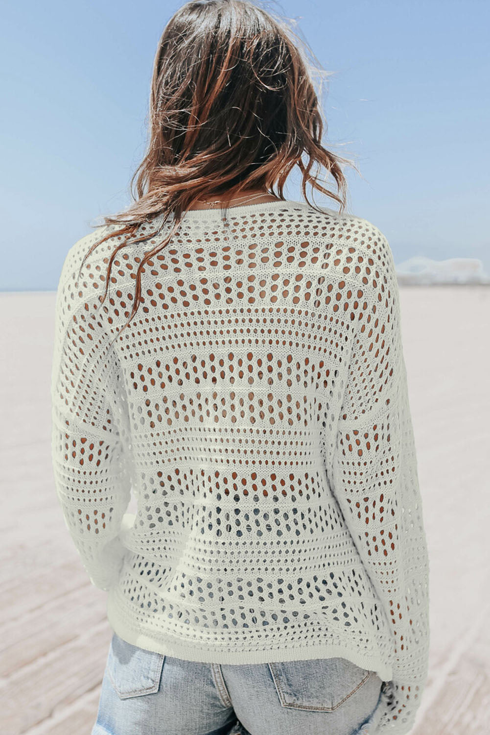 White Hollow Out Crochet V Neck Pullover Sweater Blue Zone Planet