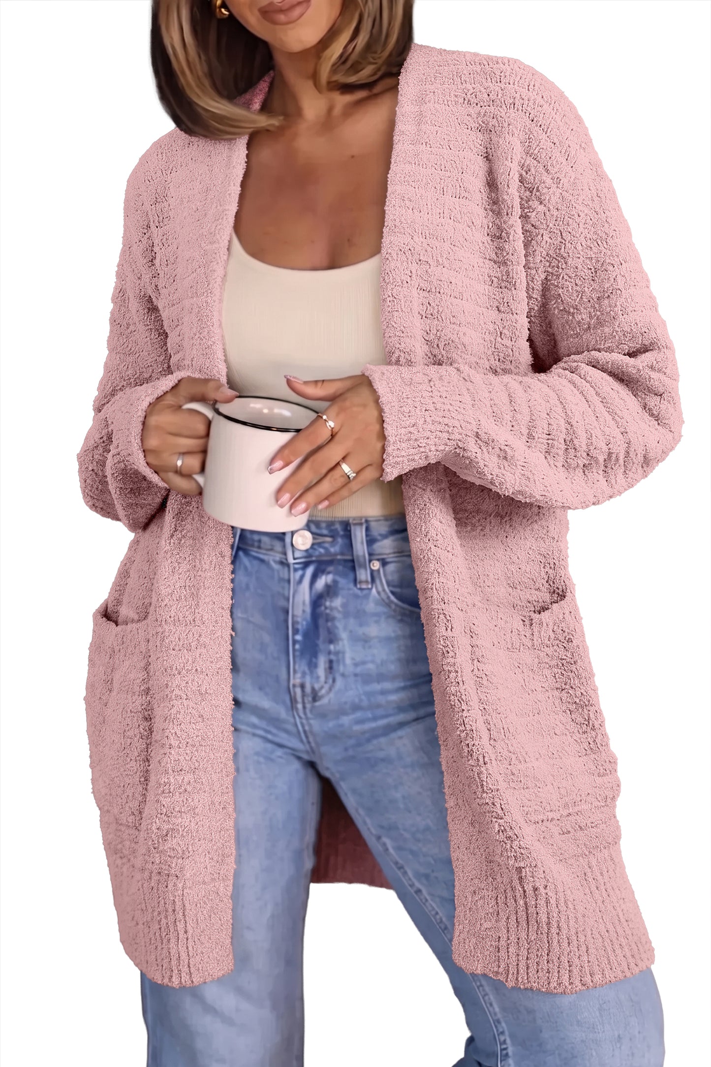Light Pink Open Front Soft Fuzzy Ribbed Sweater Cardigan-TOPS / DRESSES-[Adult]-[Female]-2022 Online Blue Zone Planet