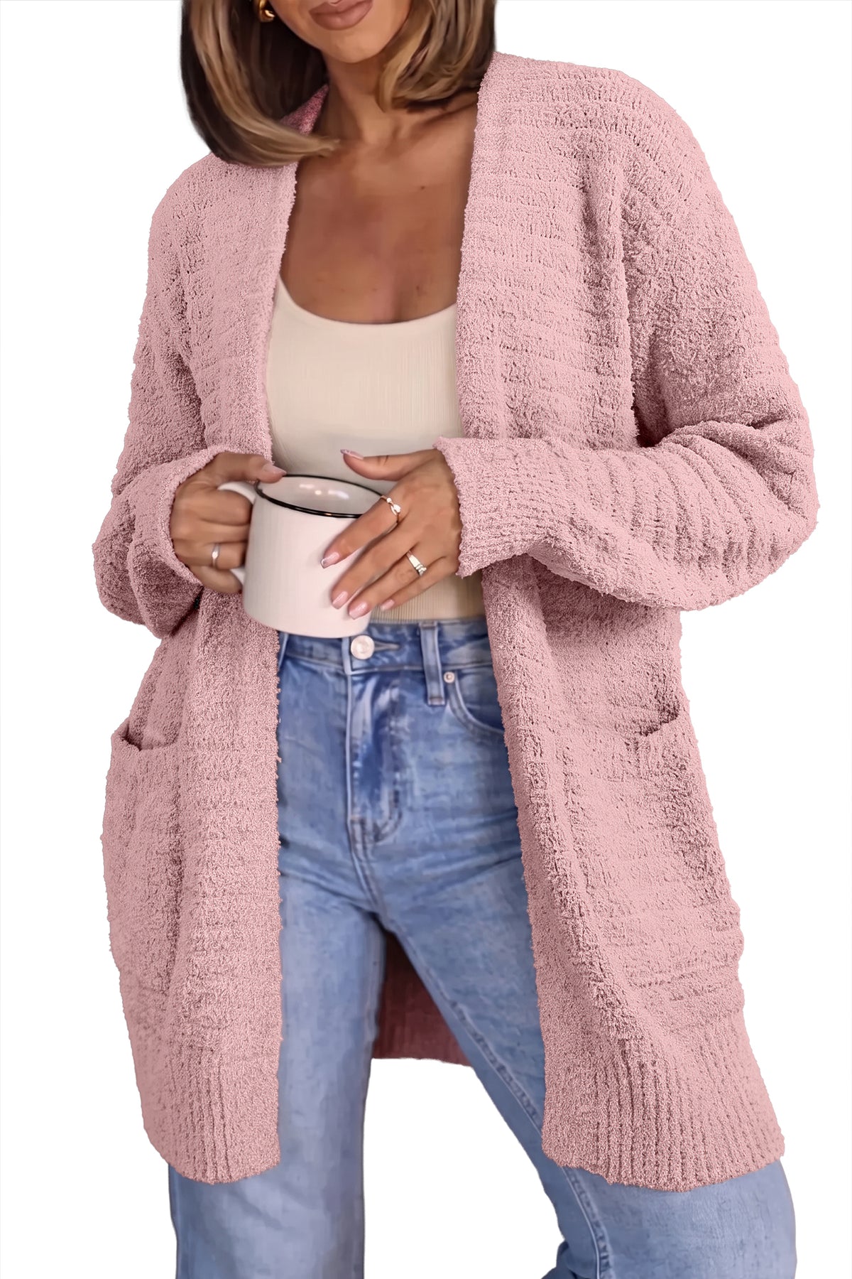Light Pink Open Front Soft Fuzzy Ribbed Sweater Cardigan-TOPS / DRESSES-[Adult]-[Female]-2022 Online Blue Zone Planet