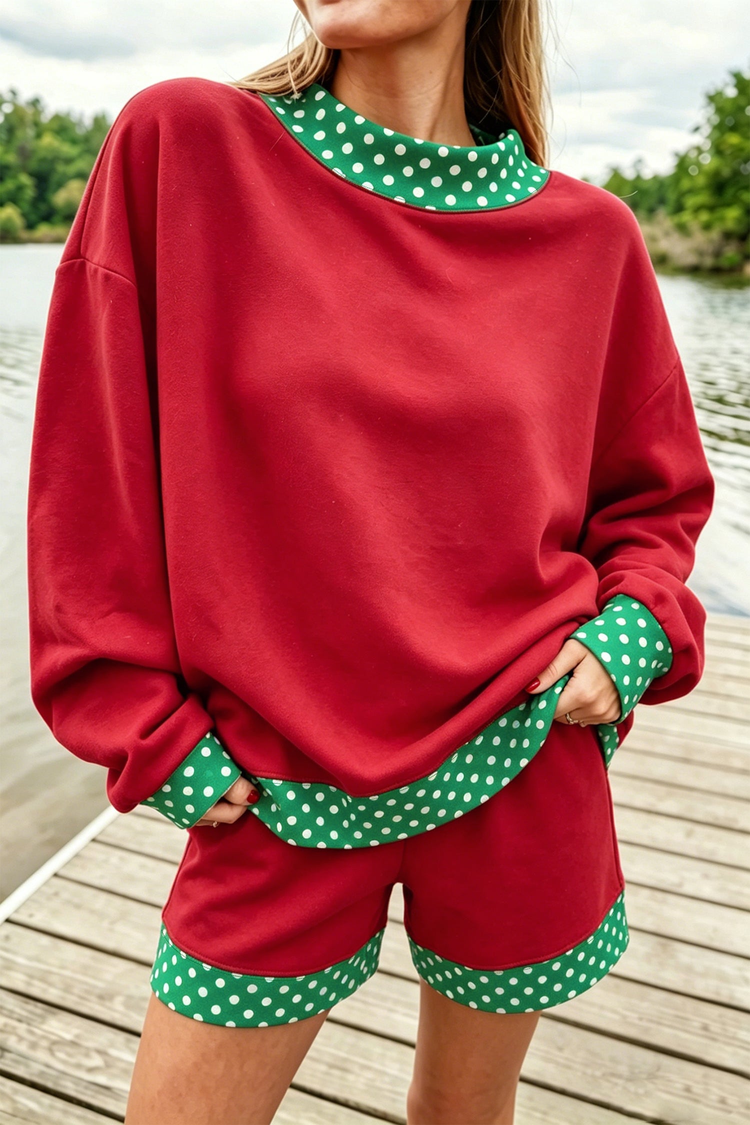 Fiery Red Gingham Trim Baggy Pullover 2pcs Short Set-Two Piece Sets/Short Sets-[Adult]-[Female]-2022 Online Blue Zone Planet