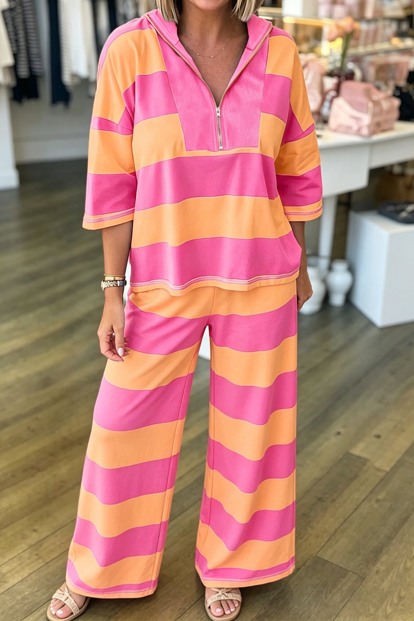 Orange Stripe Colorblock Half Sleeve Top Casual Loose Pants 2pcs Set-Two Piece Sets/Pant Sets-[Adult]-[Female]-2022 Online Blue Zone Planet