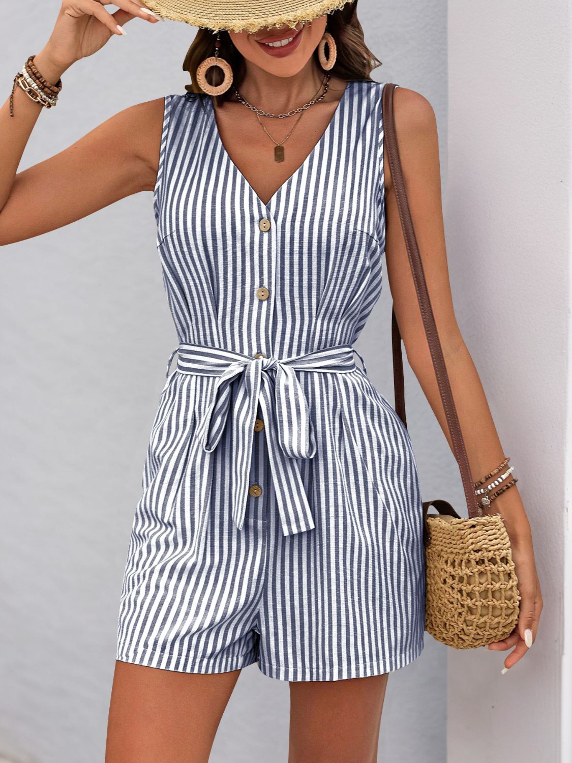 Blue Zone Planet | Perfee Striped V-Neck Tie Waist Romper-TOPS / DRESSES-[Adult]-[Female]-2022 Online Blue Zone Planet