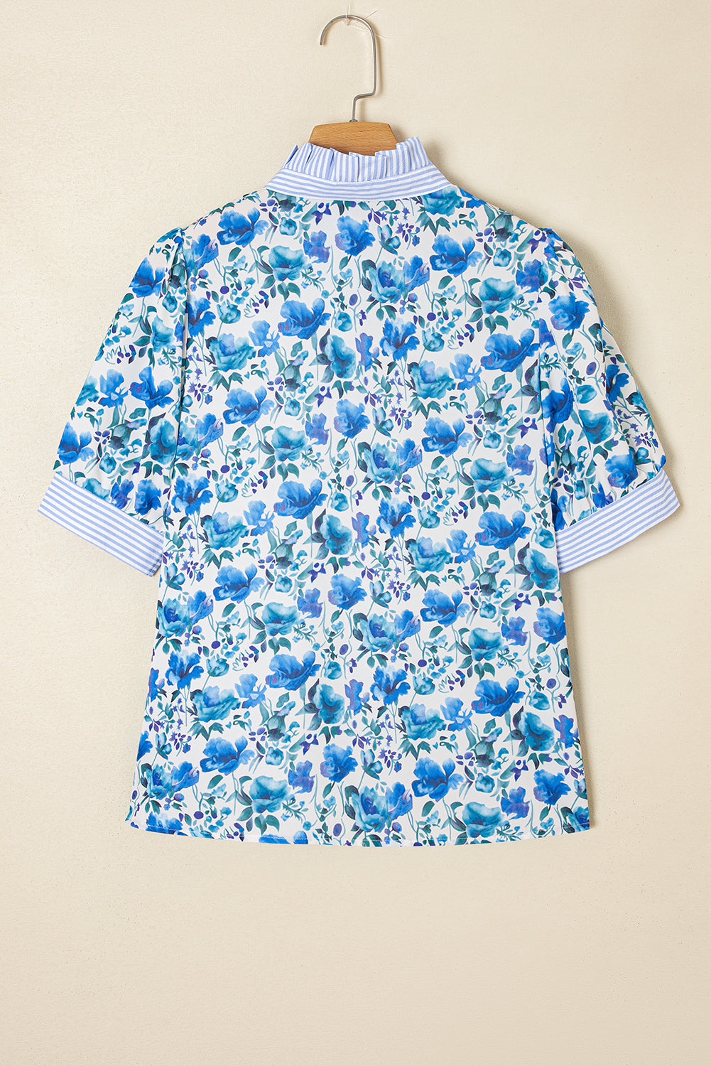 Sky Blue Floral Print Striped Patchwork Collared Short Sleeve Blouse-Tops/Blouses & Shirts-[Adult]-[Female]-2022 Online Blue Zone Planet