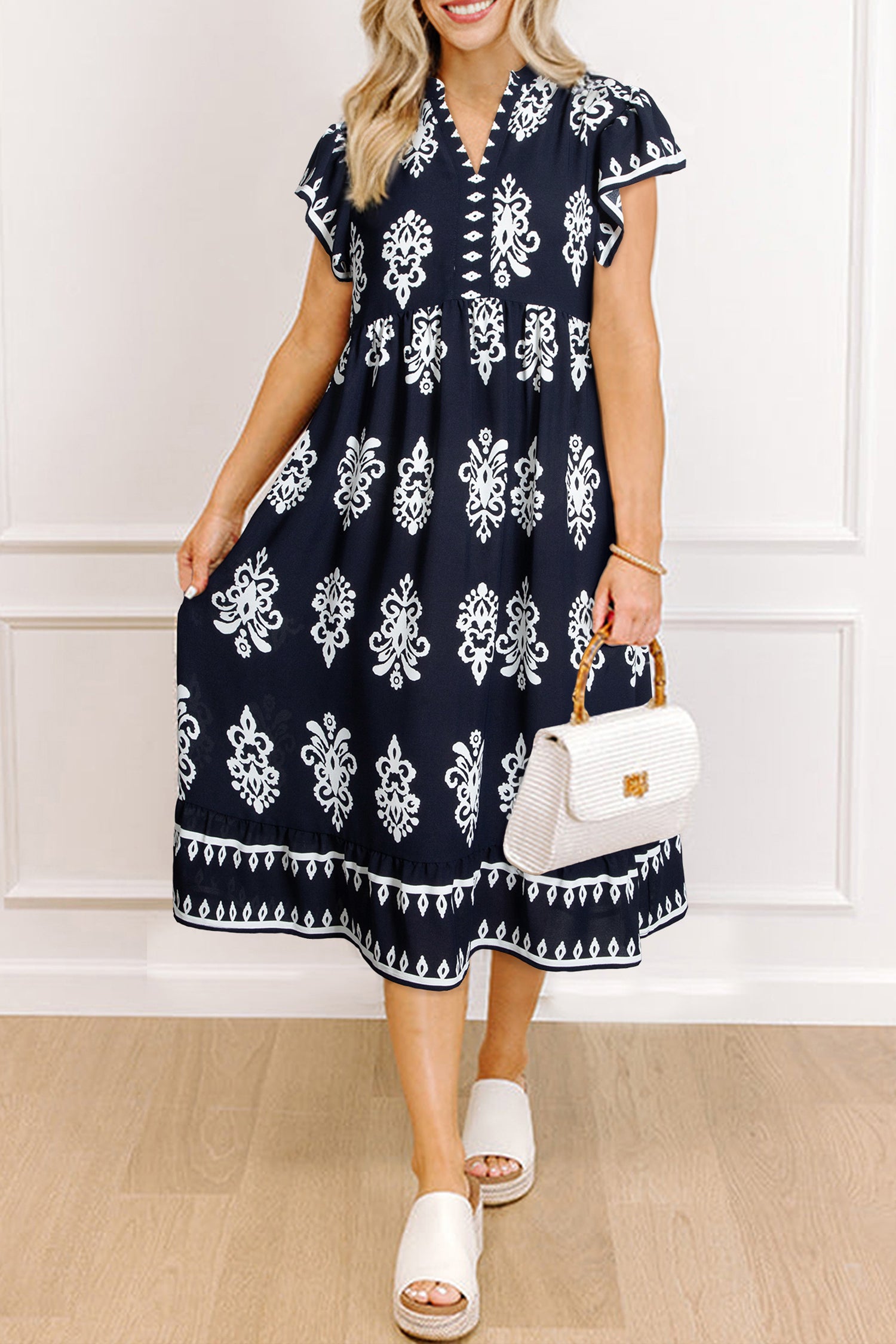 Blue Western Ethnic Print Notched Neck Short Sleeve Midi Dress-Dresses/Midi Dresses-[Adult]-[Female]-Blue-S-2022 Online Blue Zone Planet