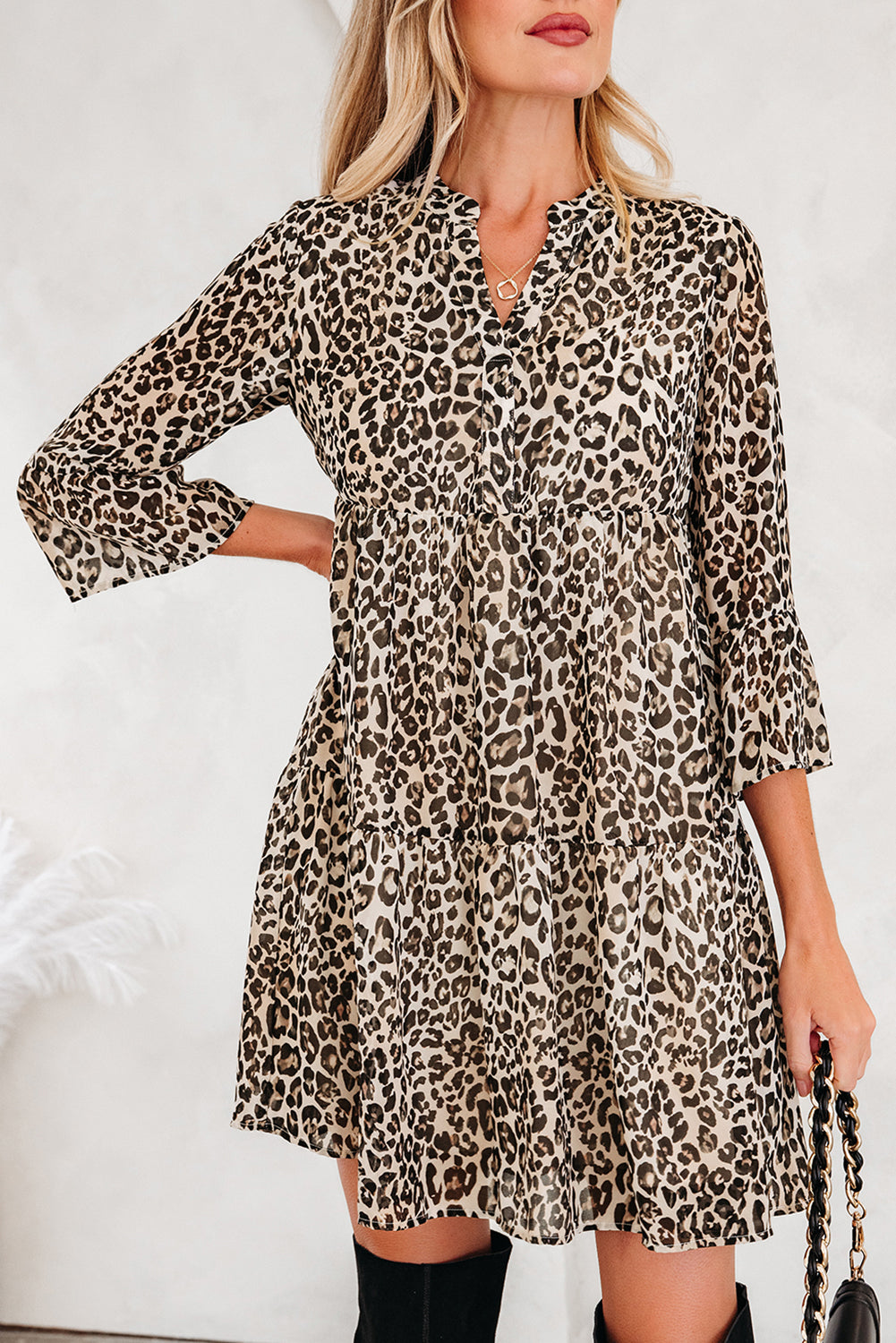 Khaki Leopard 3/4 Sleeve V Neck Swing Dress-TOPS / DRESSES-[Adult]-[Female]-2022 Online Blue Zone Planet