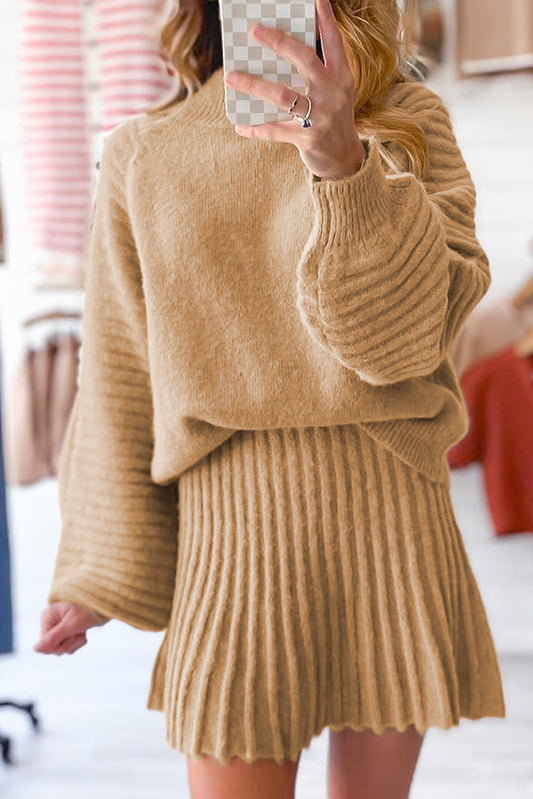 Smoke Gray High Neck Puff Sleeve Sweater Pleated Mini Skirt 2pcs Knitted Outfit-TOPS / DRESSES-[Adult]-[Female]-Smoke Gray-S-2022 Online Blue Zone Planet