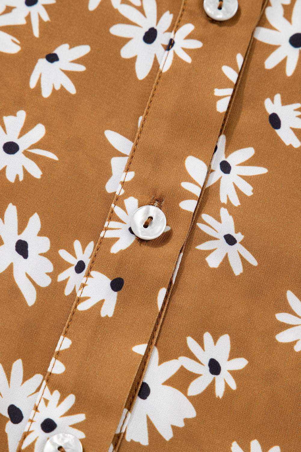 Khaki Plus Size Daisy Floral Print Button Split Neck Puff Sleeve Dress-TOPS / DRESSES-[Adult]-[Female]-2022 Online Blue Zone Planet