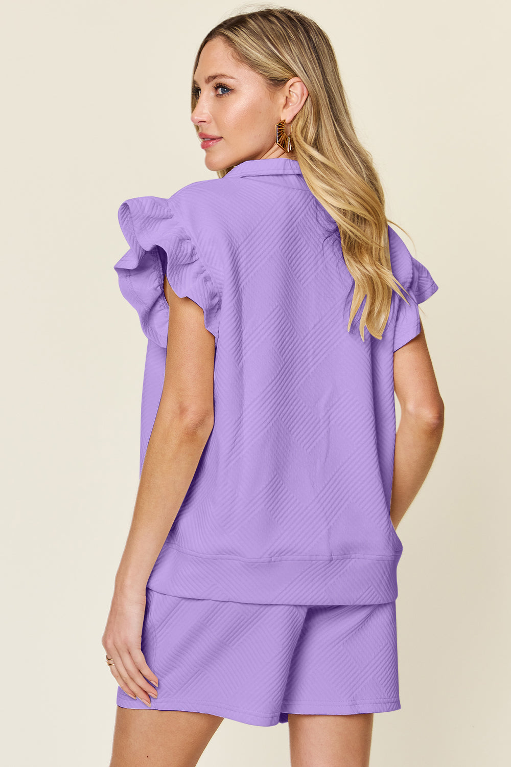 Blue Zone Planet | Double Take Full Size Texture Flounce Sleeve Top and Drawstring Shorts Set-TOPS / DRESSES-[Adult]-[Female]-2022 Online Blue Zone Planet