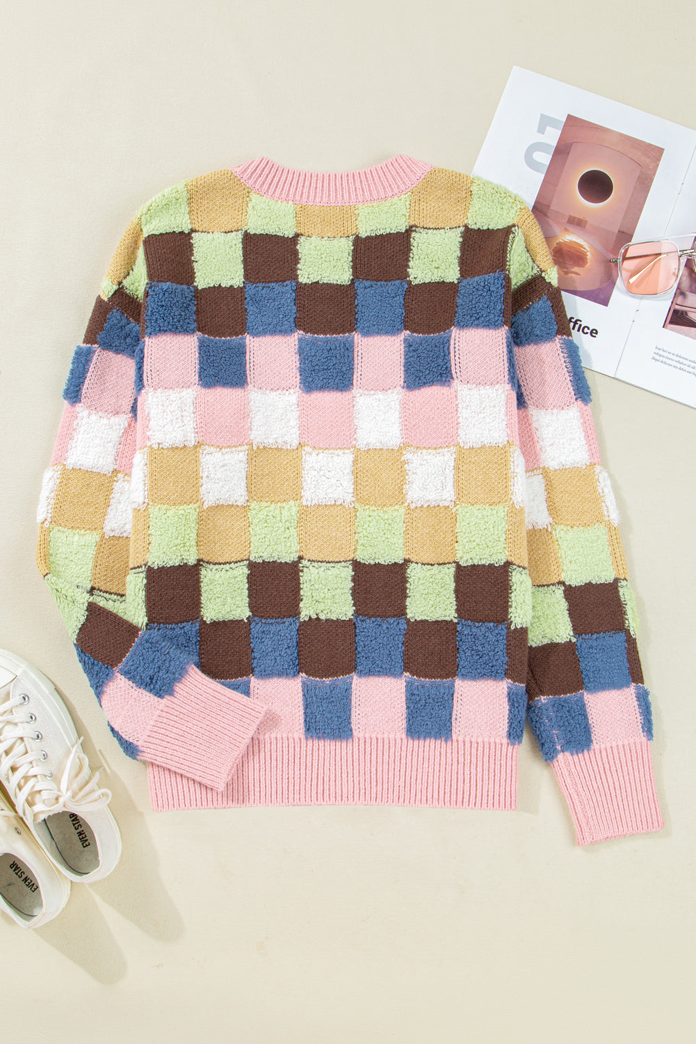 Multicolour Plush Checkered Pattern Button Front Cardigan Sweater-Sweaters & Cardigans/Cardigans-[Adult]-[Female]-2022 Online Blue Zone Planet