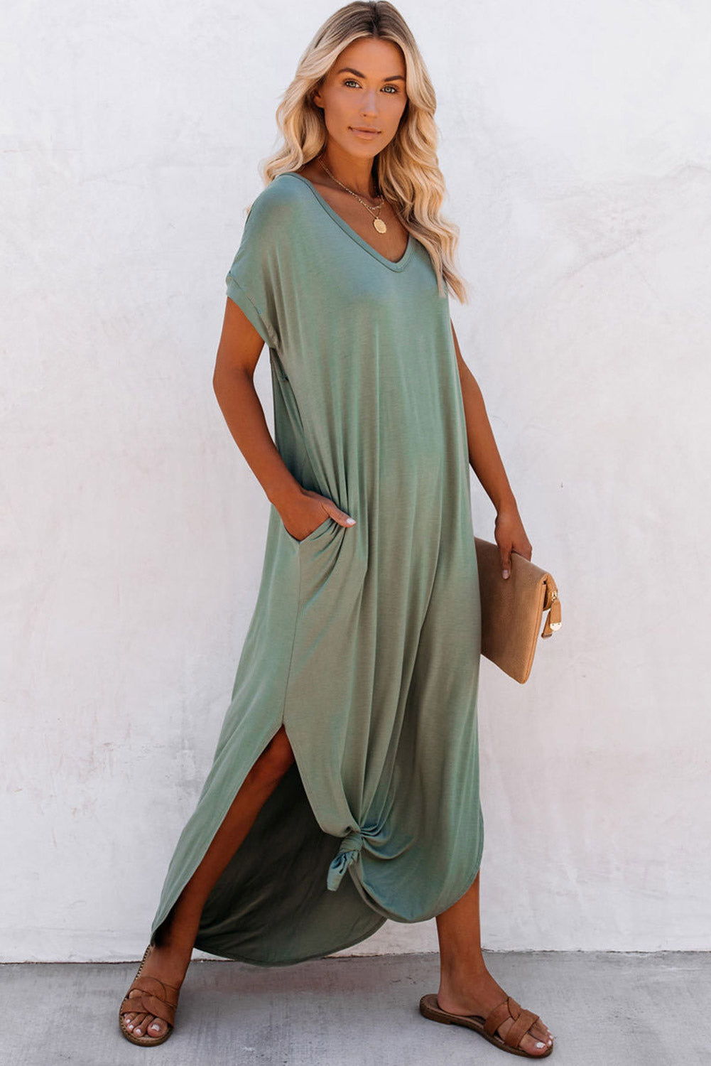 Blue Zone Planet |  Grass Green V Neck Hidden Pocket Splits Maxi T-shirt Dress Blue Zone Planet