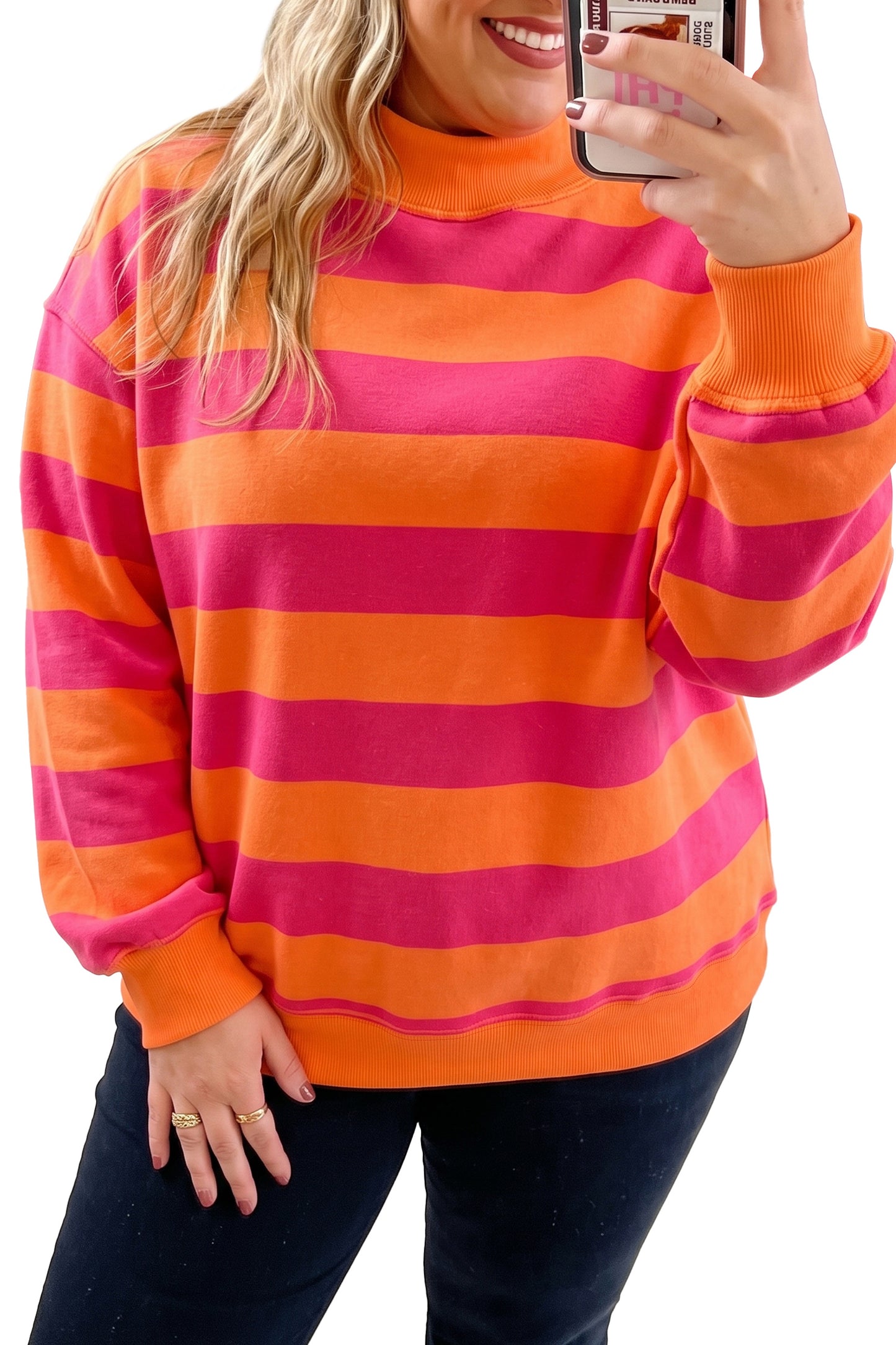 Orange Stripe Ribbed Trim Stand Neck Dropped Shoulder Plus Size Sweatshirt