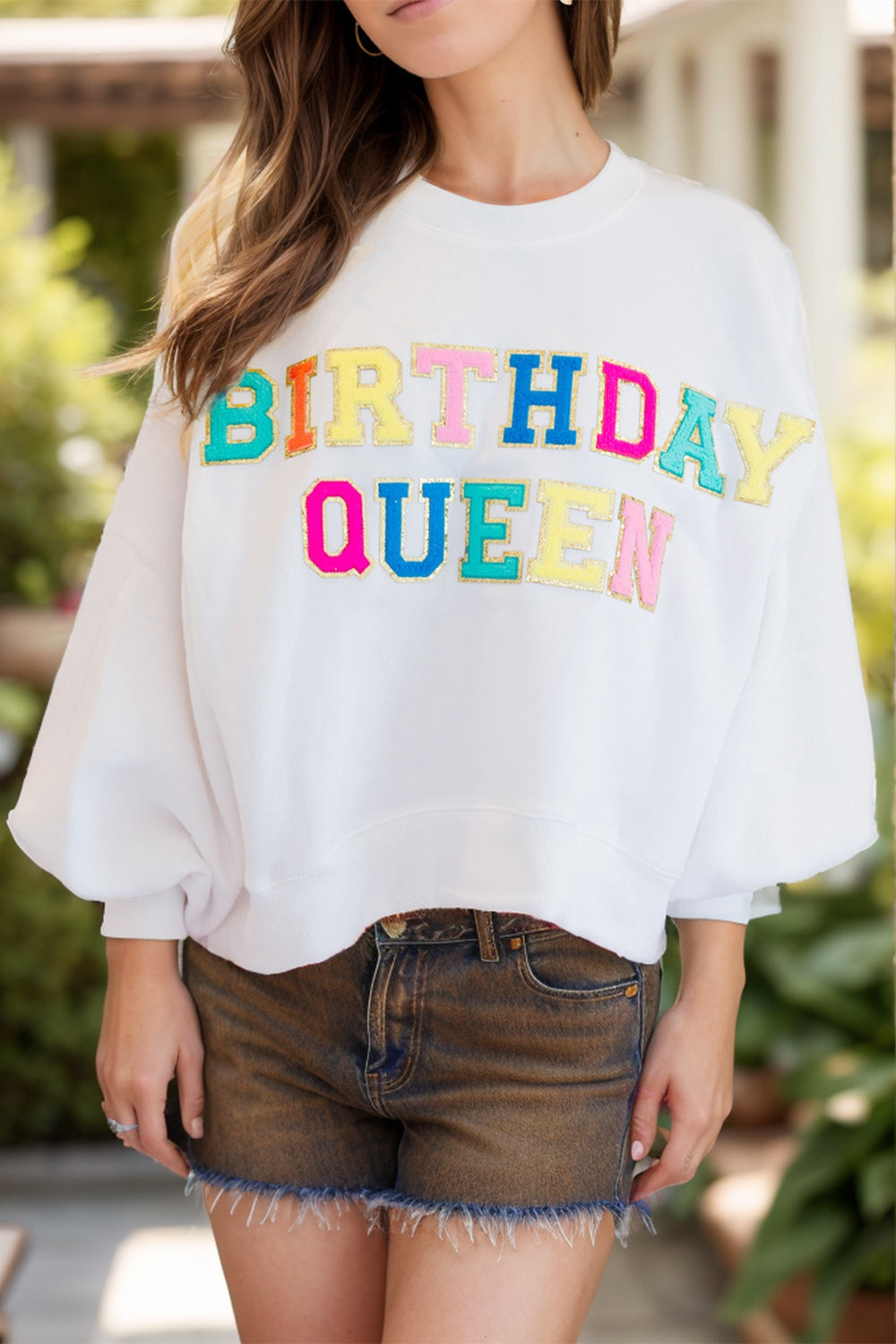 BIRTHDAY QUEEN Sequin Round Neck Long Sleeve Sweatshirt-TOPS / DRESSES-[Adult]-[Female]-White-S-2022 Online Blue Zone Planet